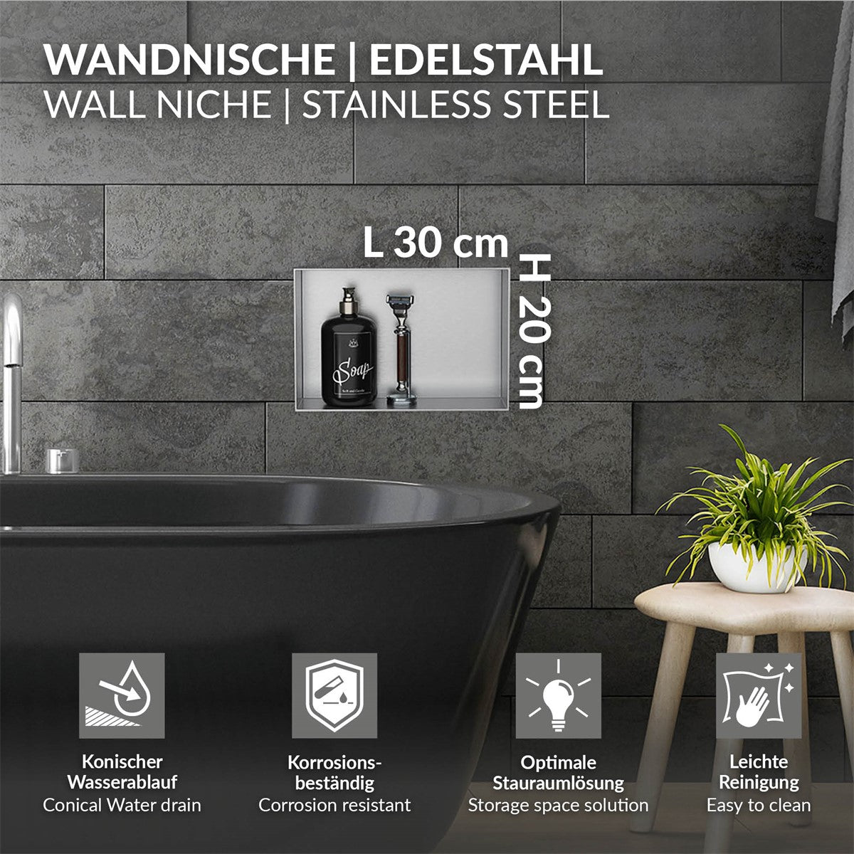 Wandnische aus Edelstahl mit Abmessungen und Reinigungsinformationen.