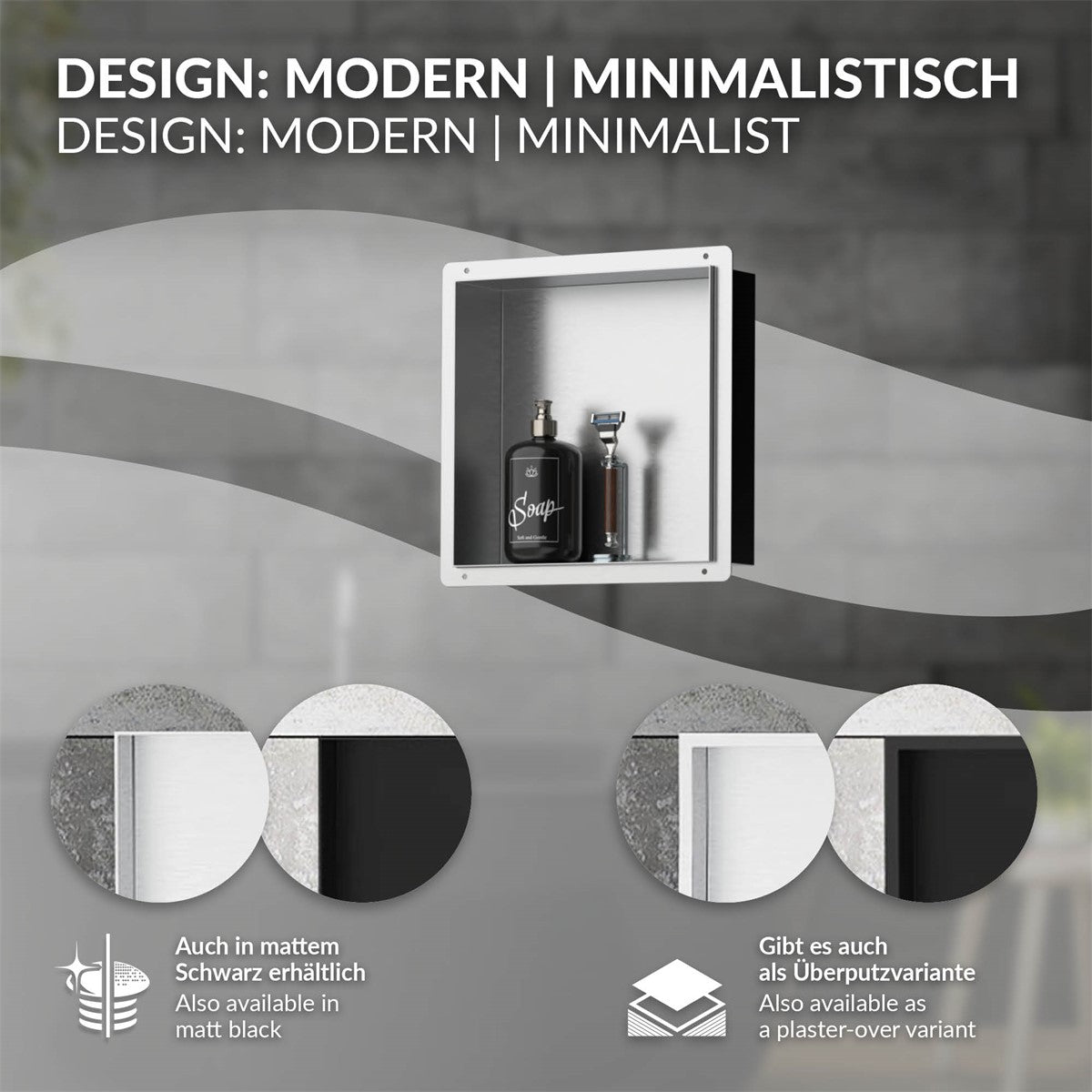 Grafik med designinformation om en modern, minimalistisk produkt.