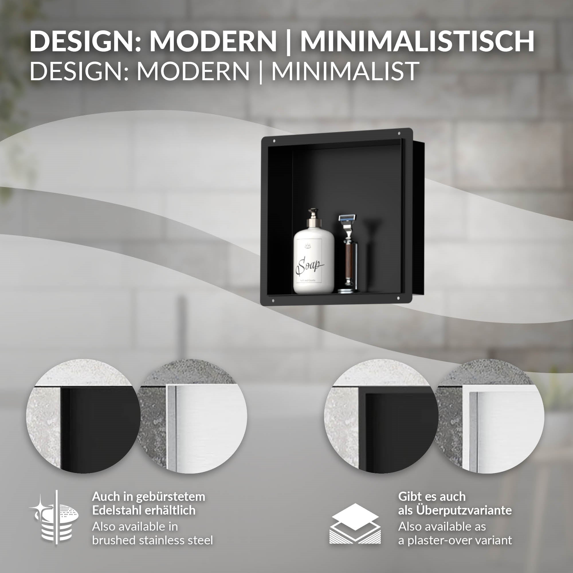 Grafik mit Designinformationen zu einem modernen Badezimmerregal.