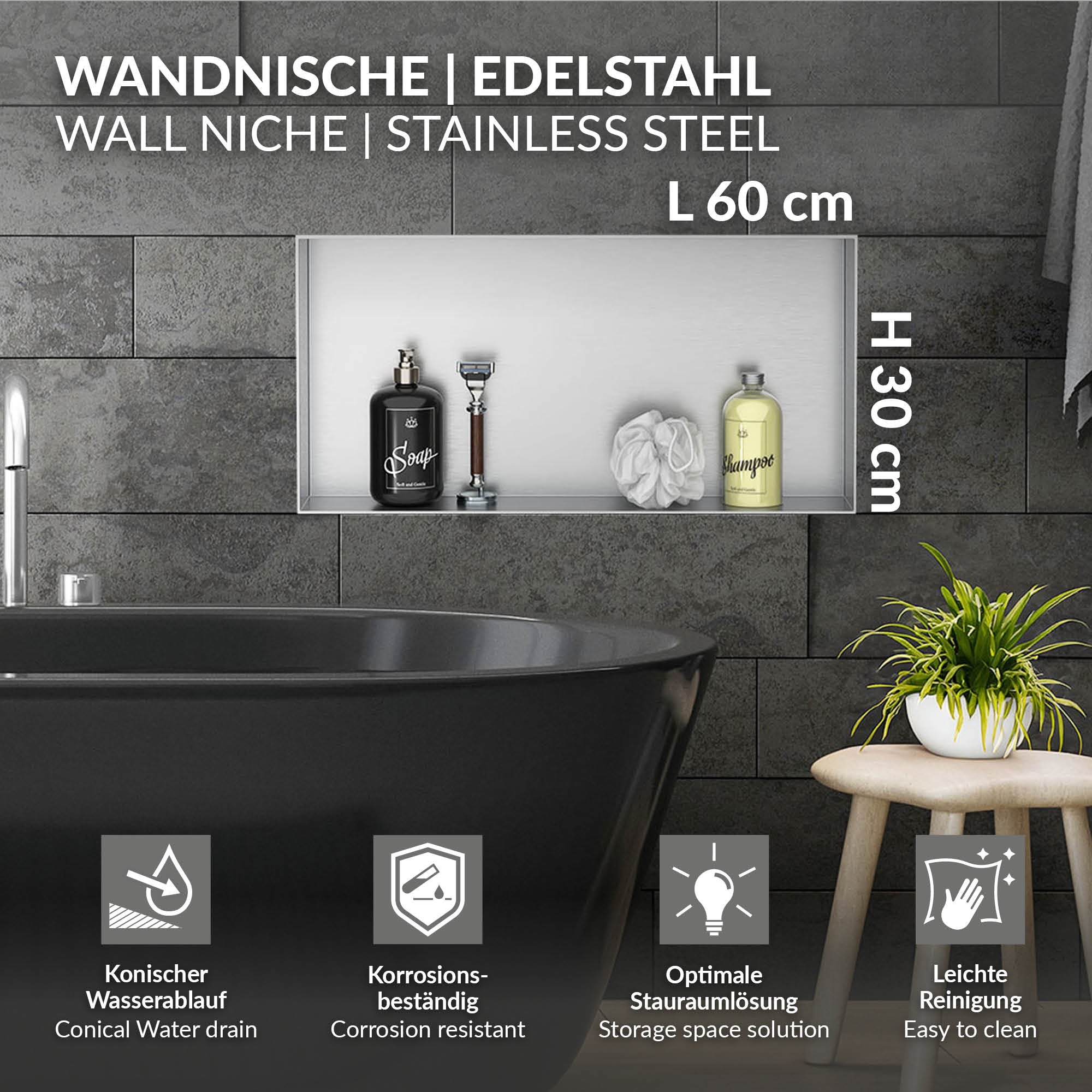 Badezimmeransicht mit Wandnische und Pflegeprodukten in der Nische.