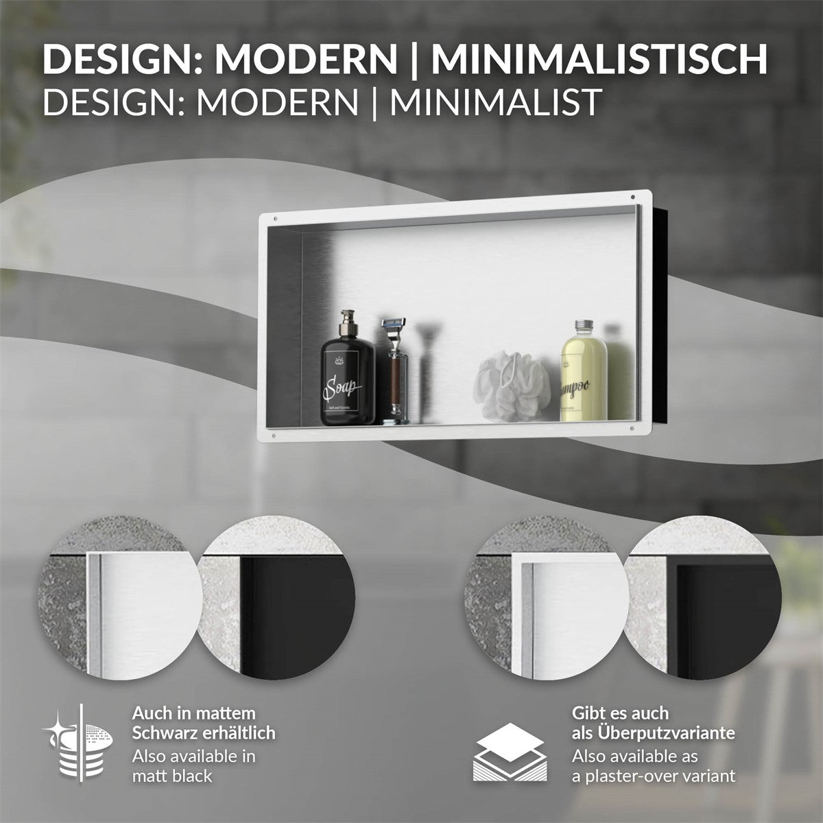 Regal mit Pflegeprodukten in einem modernen Badezimmer, minimalistische Gestaltung.