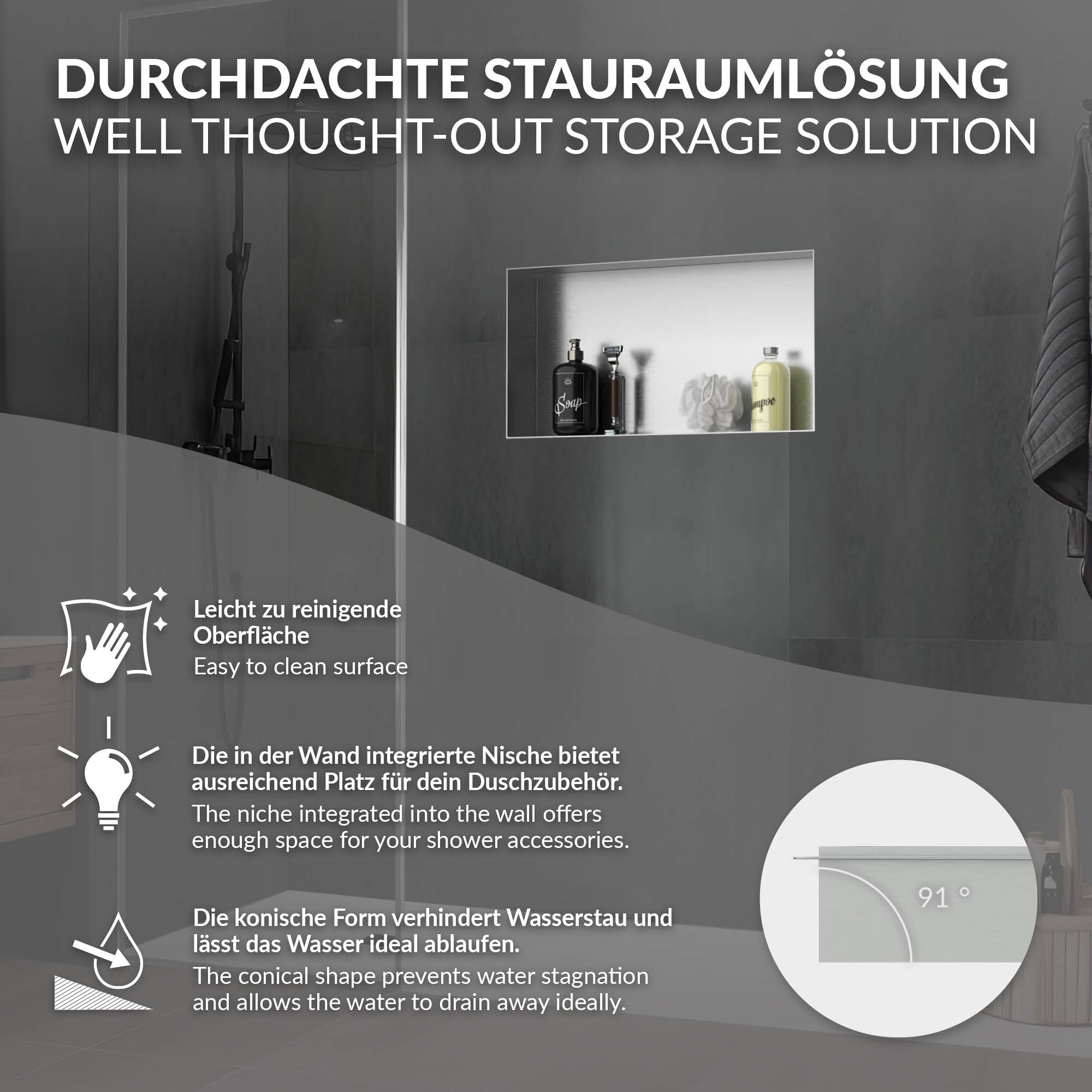 Grafik mit Informationen zu einer Nische in der Wand für Badezimmeraccessoires.