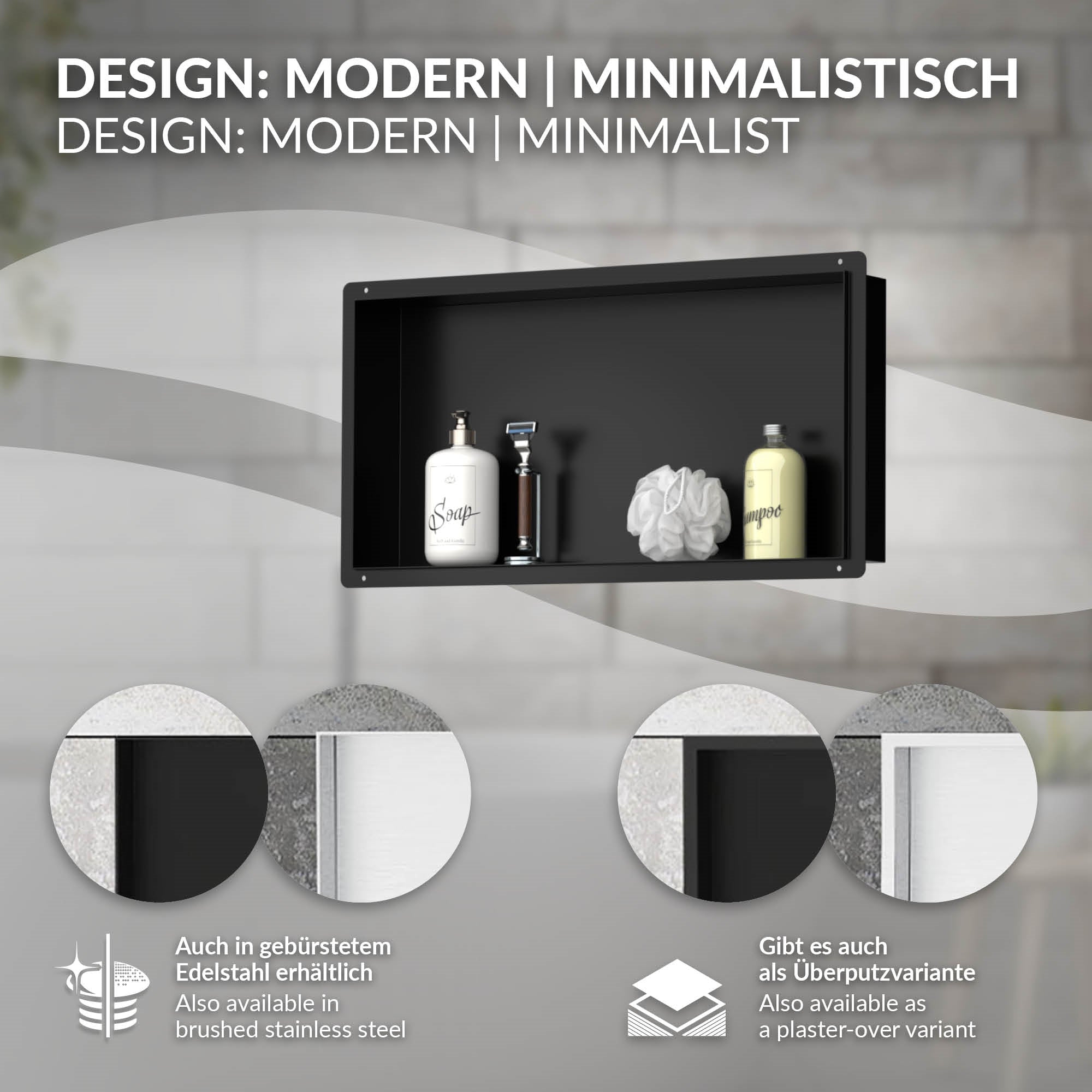 Grafik mit Designbeschreibung eines modernen Regals.