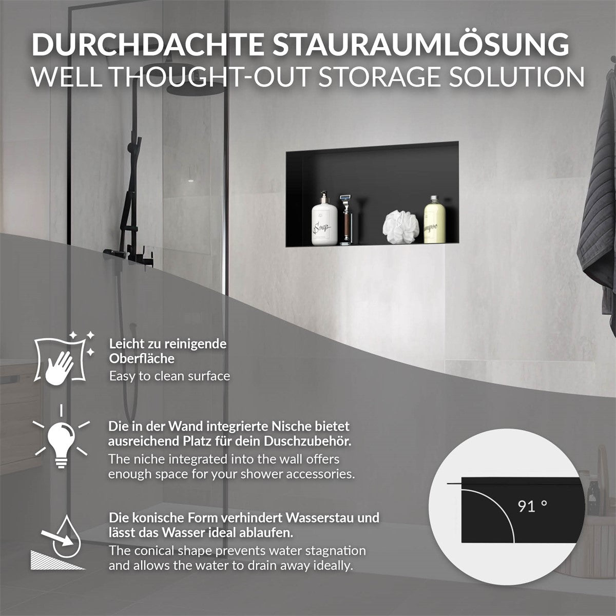 Graphic with information about the storage solution in the bathroom.