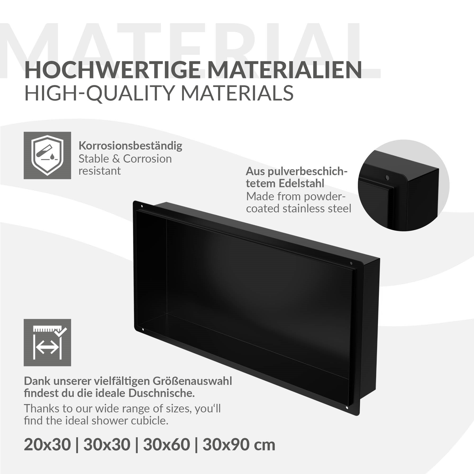Produktbeschreibung mit Informationen zu Materialien und Größenoptionen.