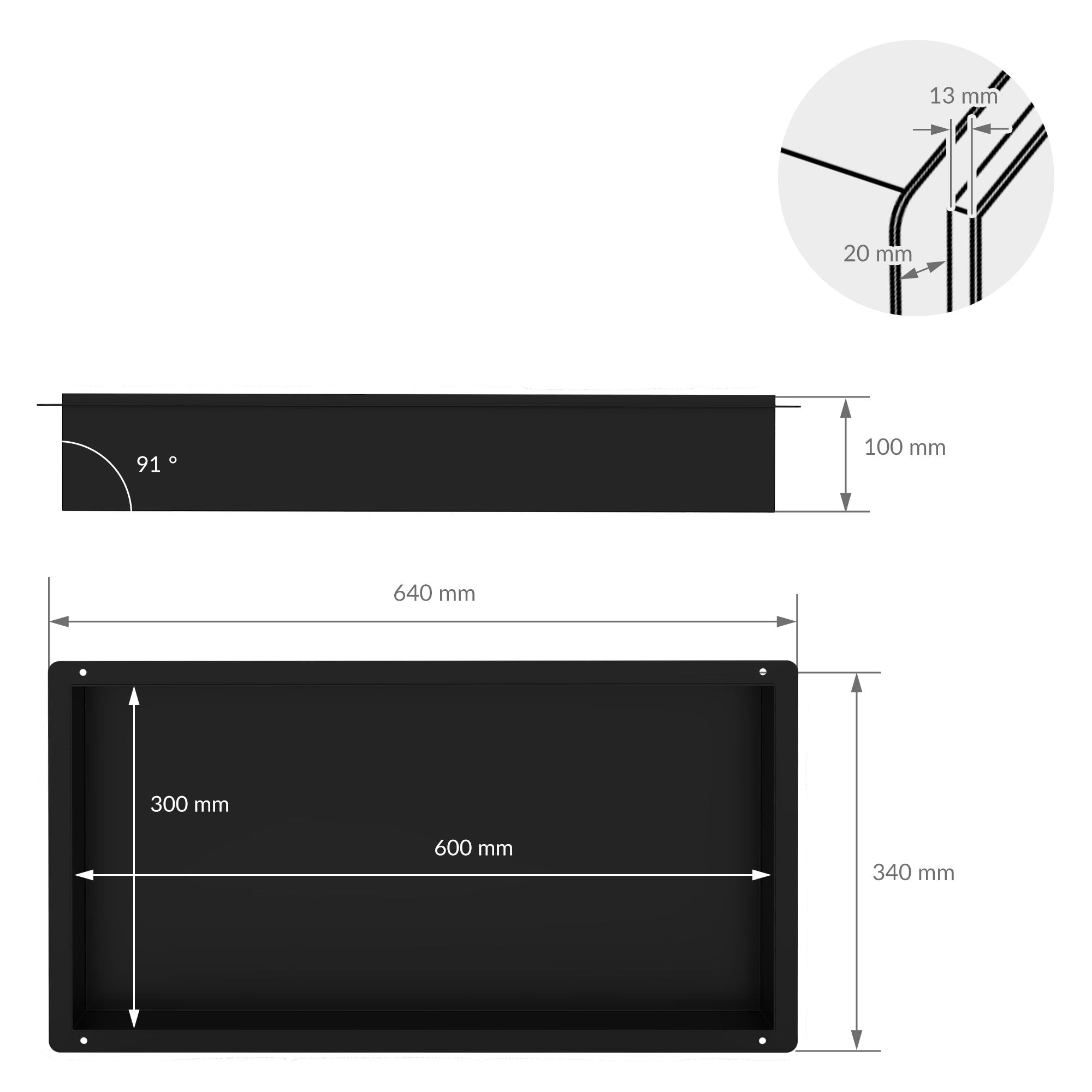 Technische Zeichnung mit Maßen eines rechteckigen Objekts.