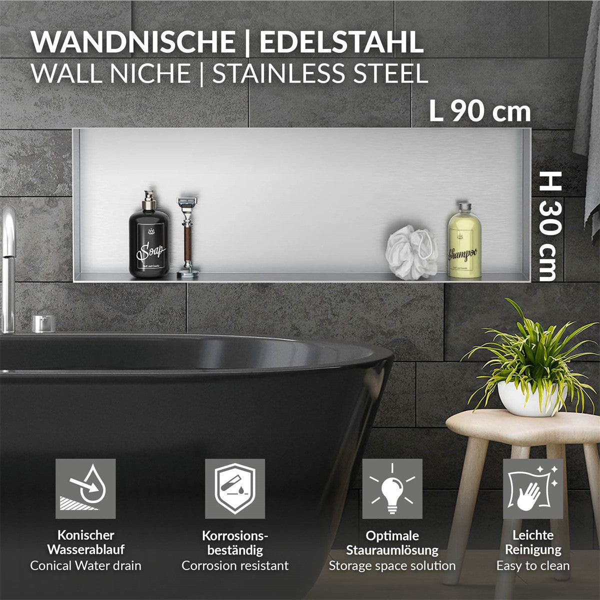 Grafik zur Wandnische aus Edelstahl mit Maßen und Eigenschaften.