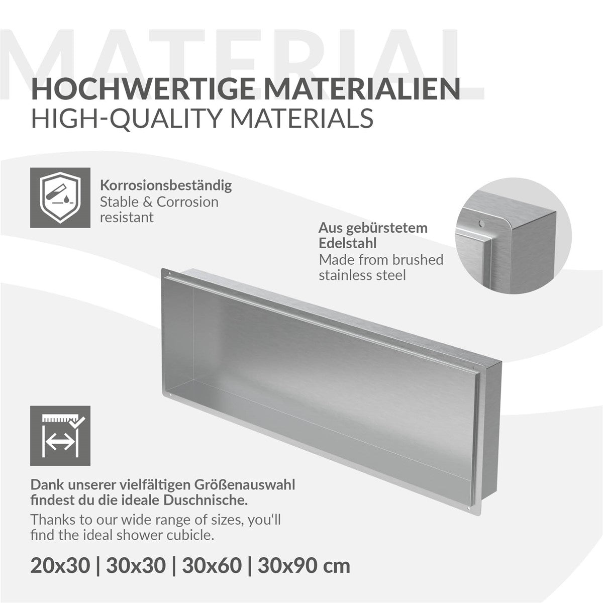 Edelstahlregal mit Beschreibung und Maßangaben.