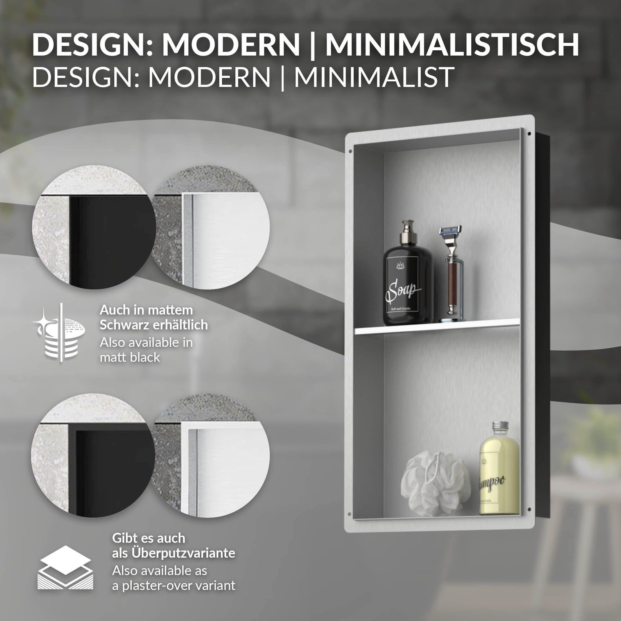Nástěnná police v černé barvě se dvěma policemi, plná kosmetických produktů.