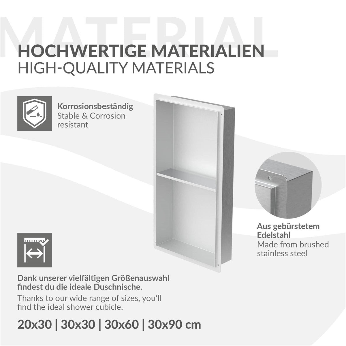 Grafika o kvalitních materiálech, nerezová police s rozměry.