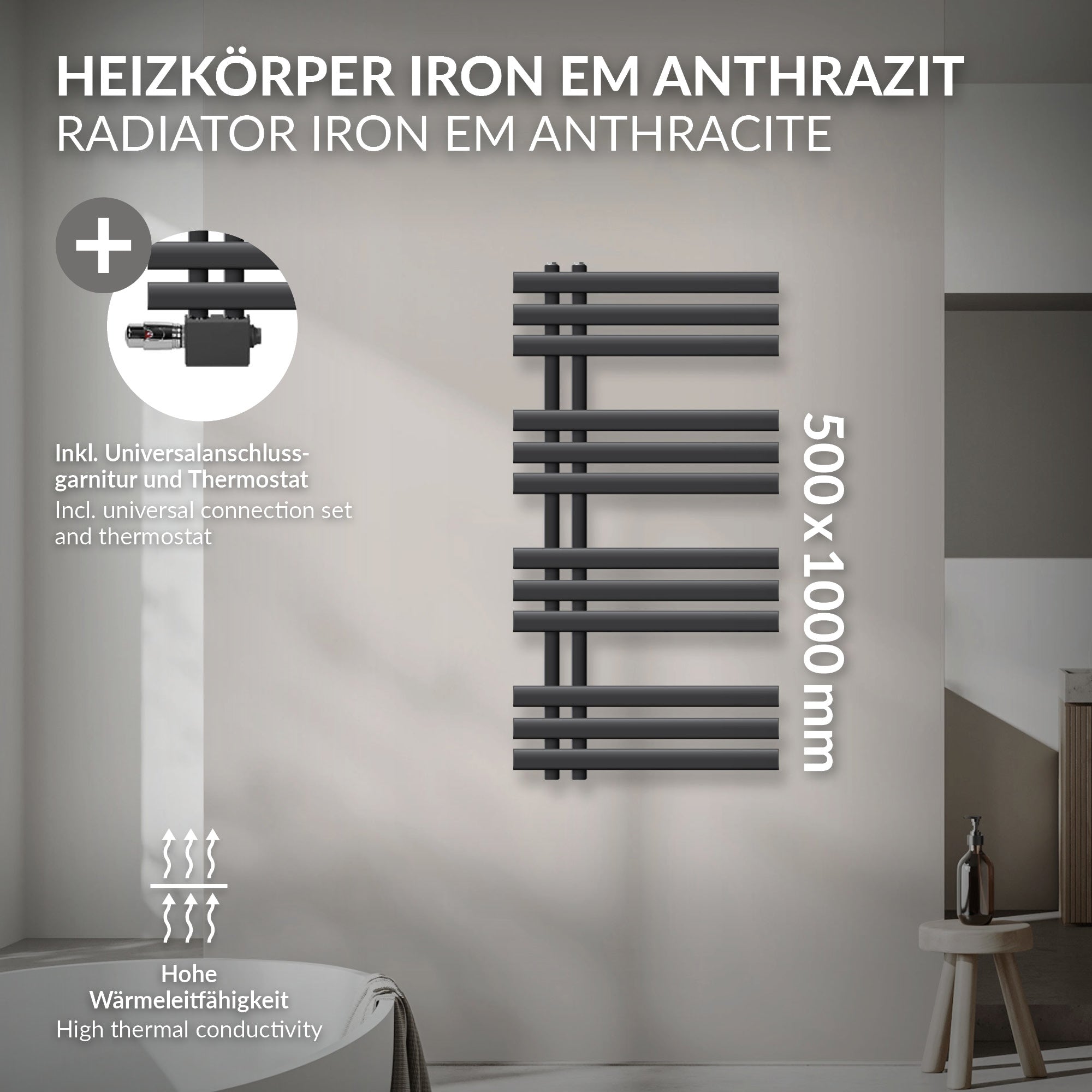 Un radiateur anthracite avec des lamelles horizontales sur un mur.