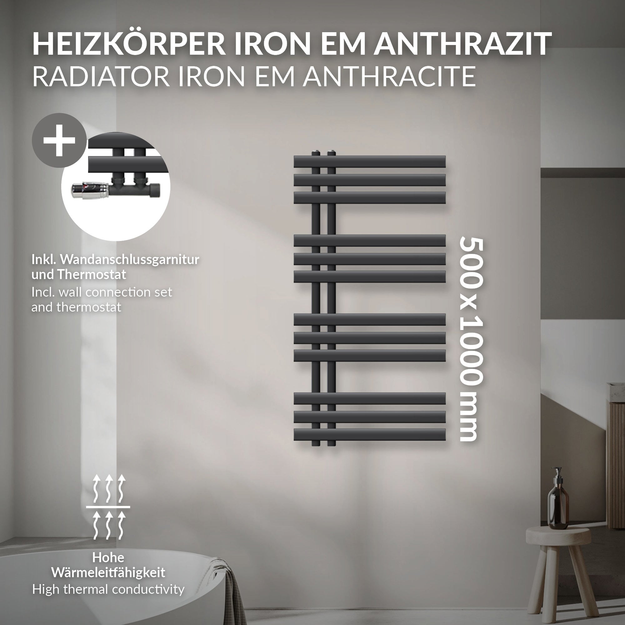 En antracitfarvet håndklæderadiator på en væg med tekniske detaljer.