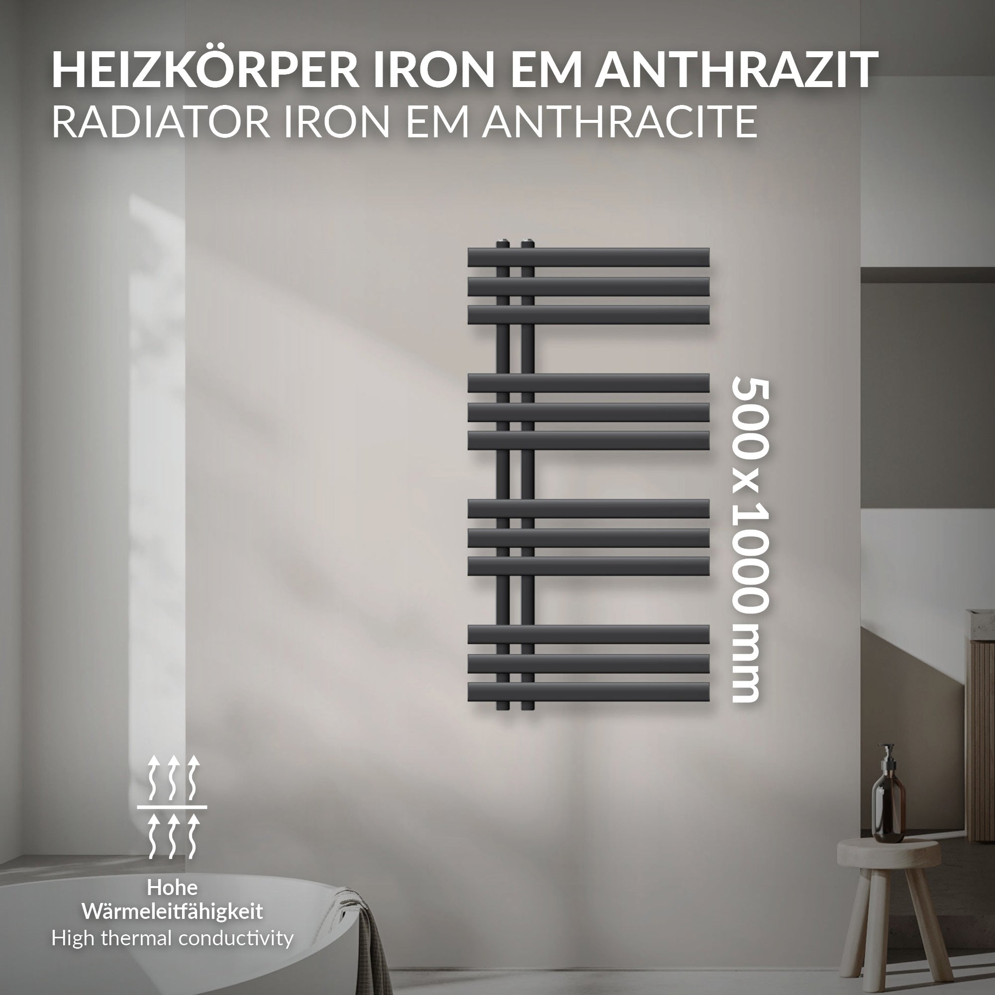 Anthrazitfarbener Heizkörper, Maße 500x1000 mm, mit elektrischen Heizstab.