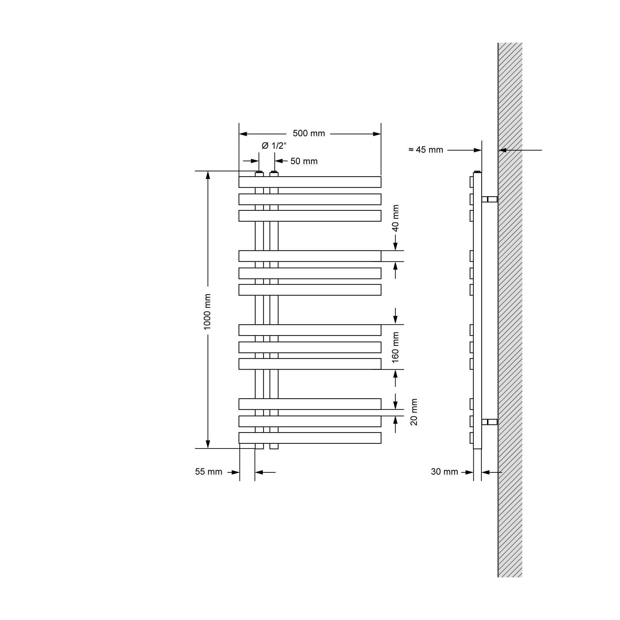 Technical drawing with dimensions of a radiator.