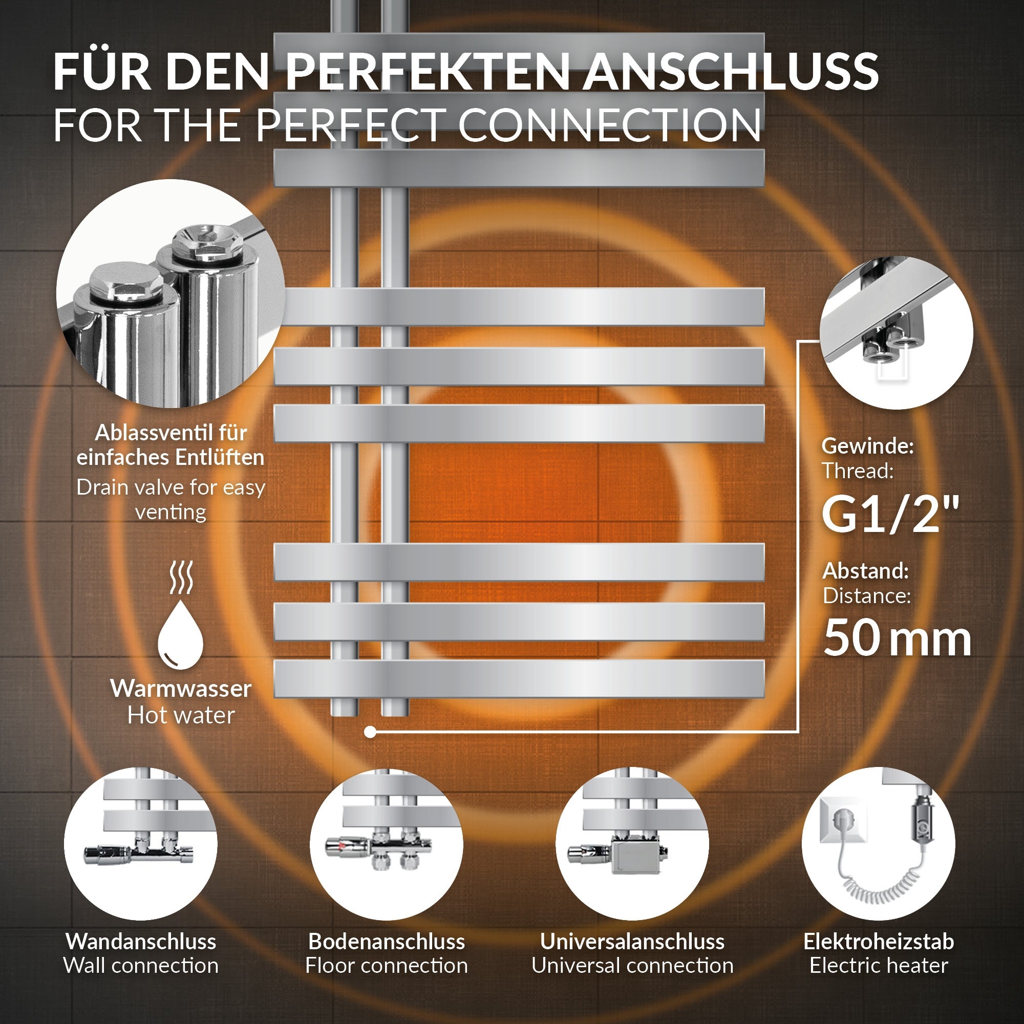 Chroomkleurige handdoekradiator met horizontale buizen.