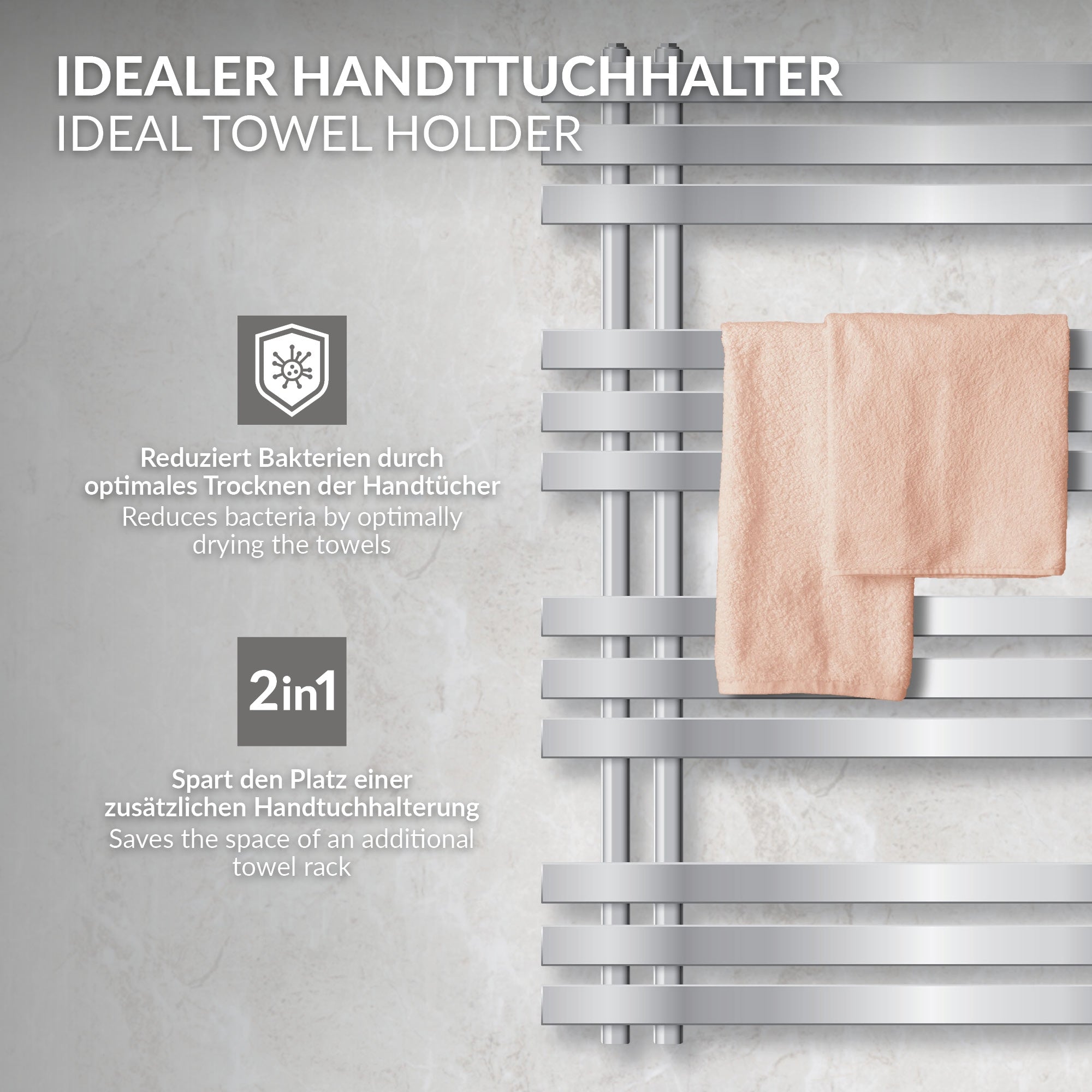 Towel holder with two towels and description of the benefits.