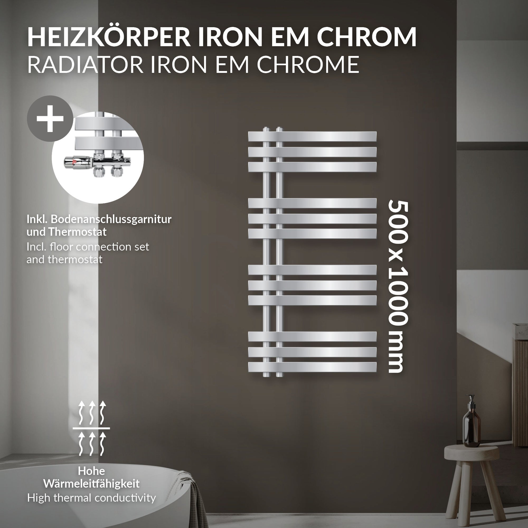 Heizkörper Iron EM in Chrom, Maße 500x1000 mm, mit Thermostat.