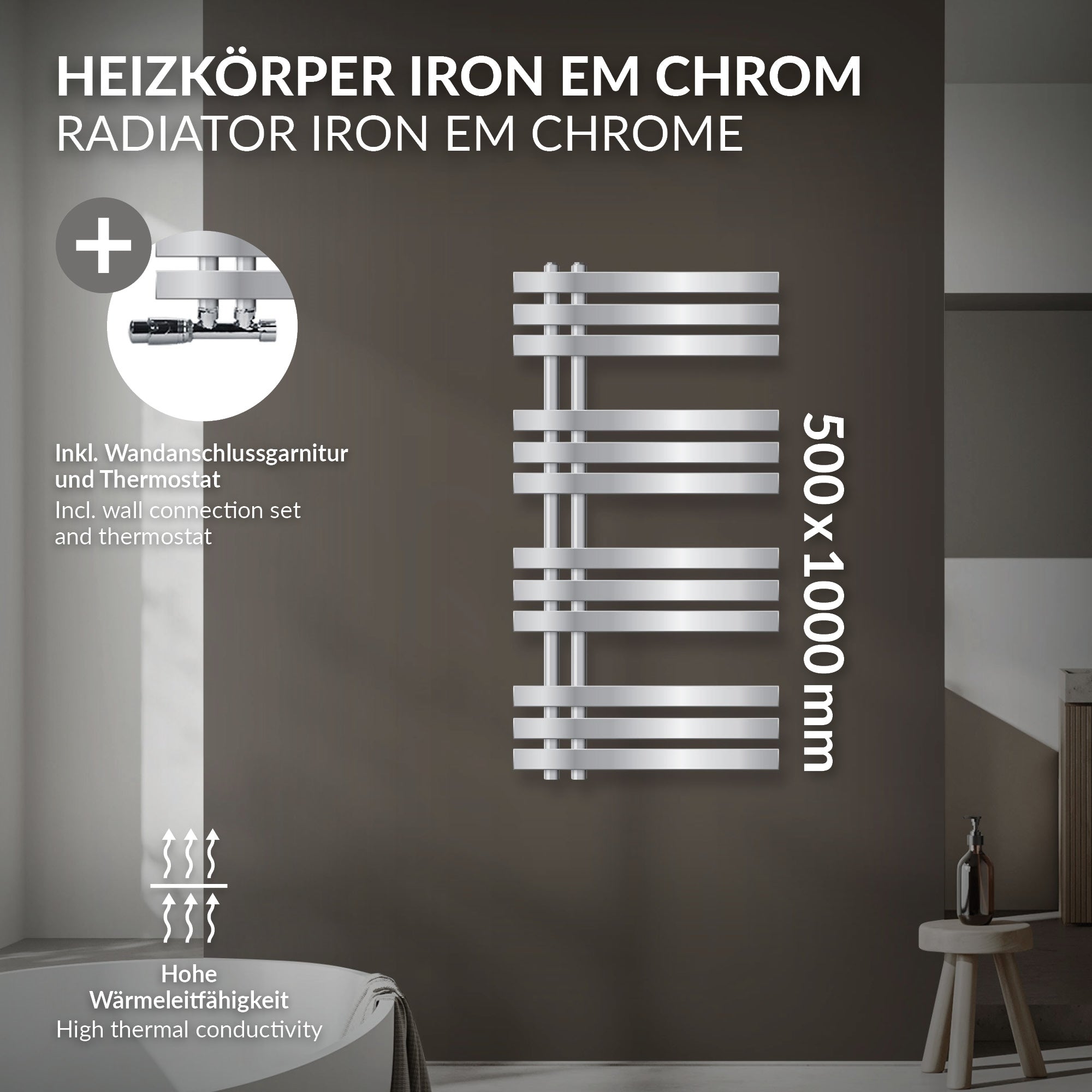 Chromfarbener Handtuchheizkörper mit horizontalen Röhren.