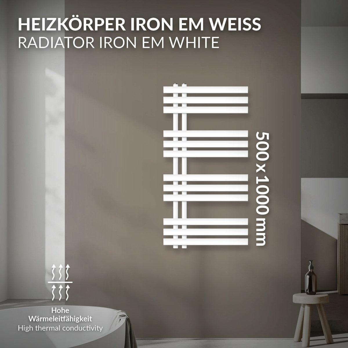 Weißer Heizkörper Iron EM mit Abmessungen 500x1000 mm auf grauem Hintergrund.
