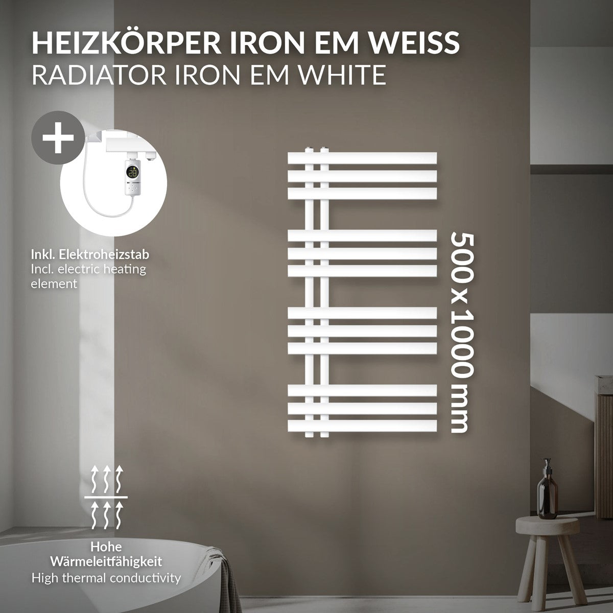 Witte radiator van 500 × 1000 mm met elektrisch verwarmingselement.