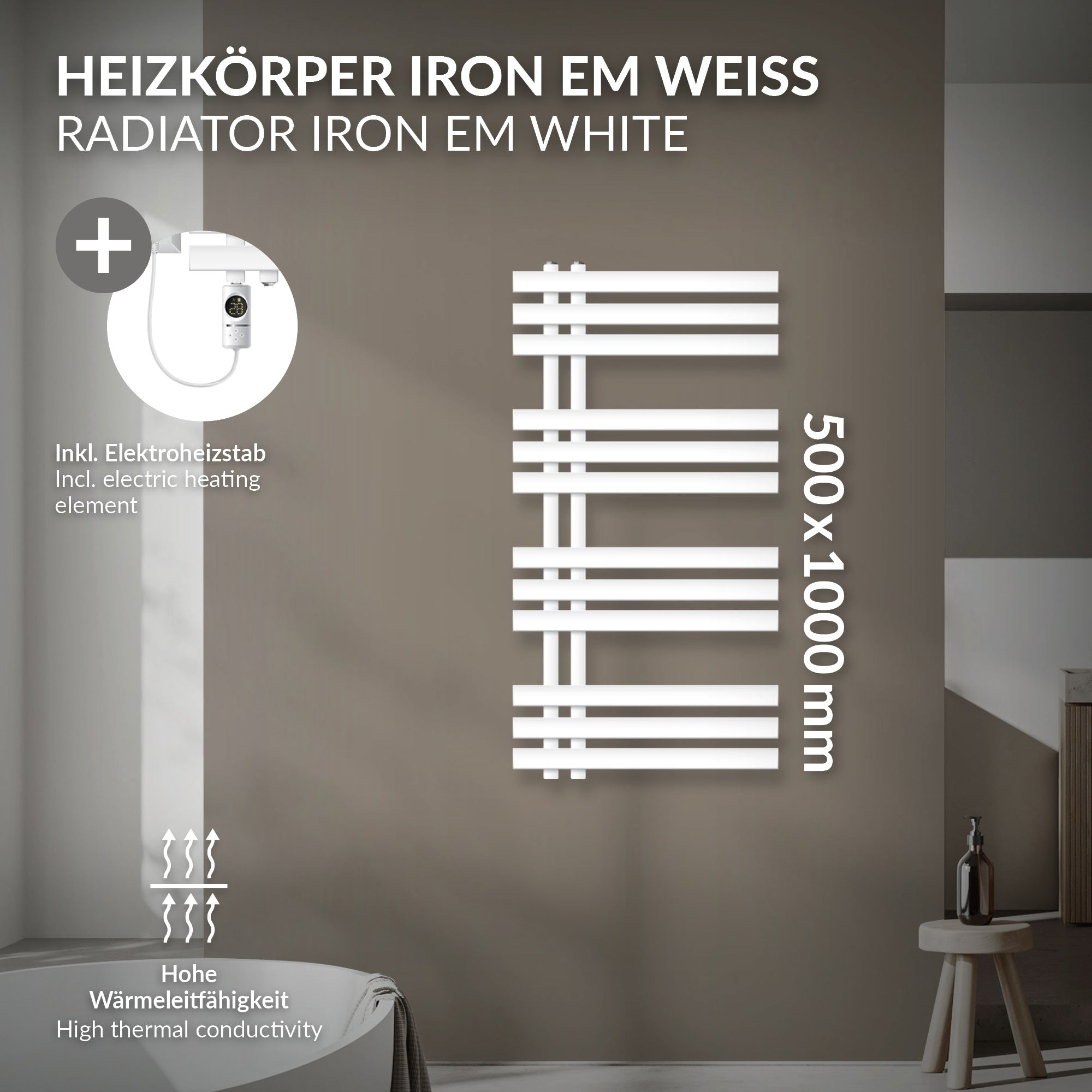 Weißer Heizkörper mit Maßangabe 500x1000 mm und Elektroheizstab.