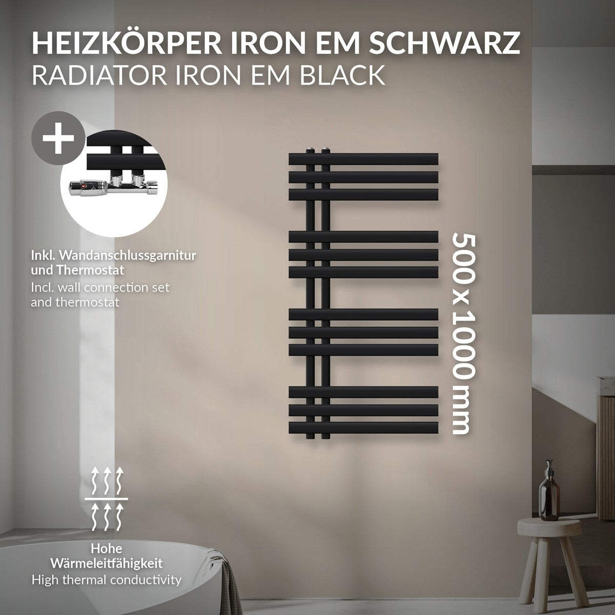 Schwarzer Heizkörper mit horizontalen und vertikalen Streben, Maße 500x1000 mm.