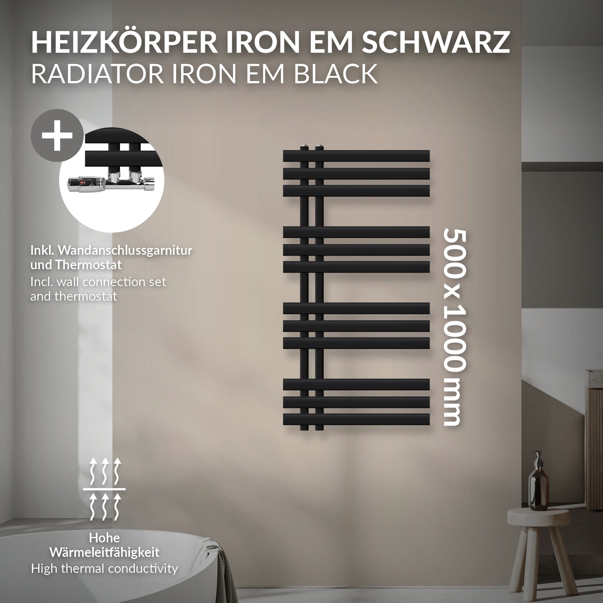Fekete radiátor vízszintes és függőleges lécekkel, méretek: 500x1000 mm.