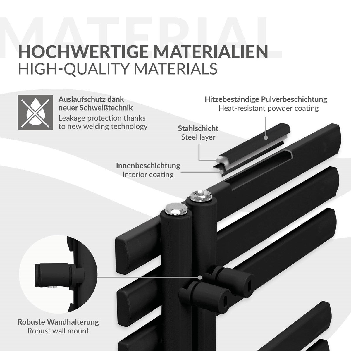 Close-up of a towel radiator made from high-quality materials.