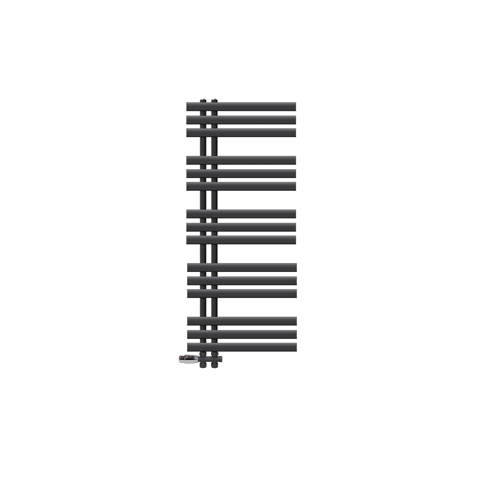 Radiateur anthracite sans fond, avec des tubes verticaux et horizontaux.