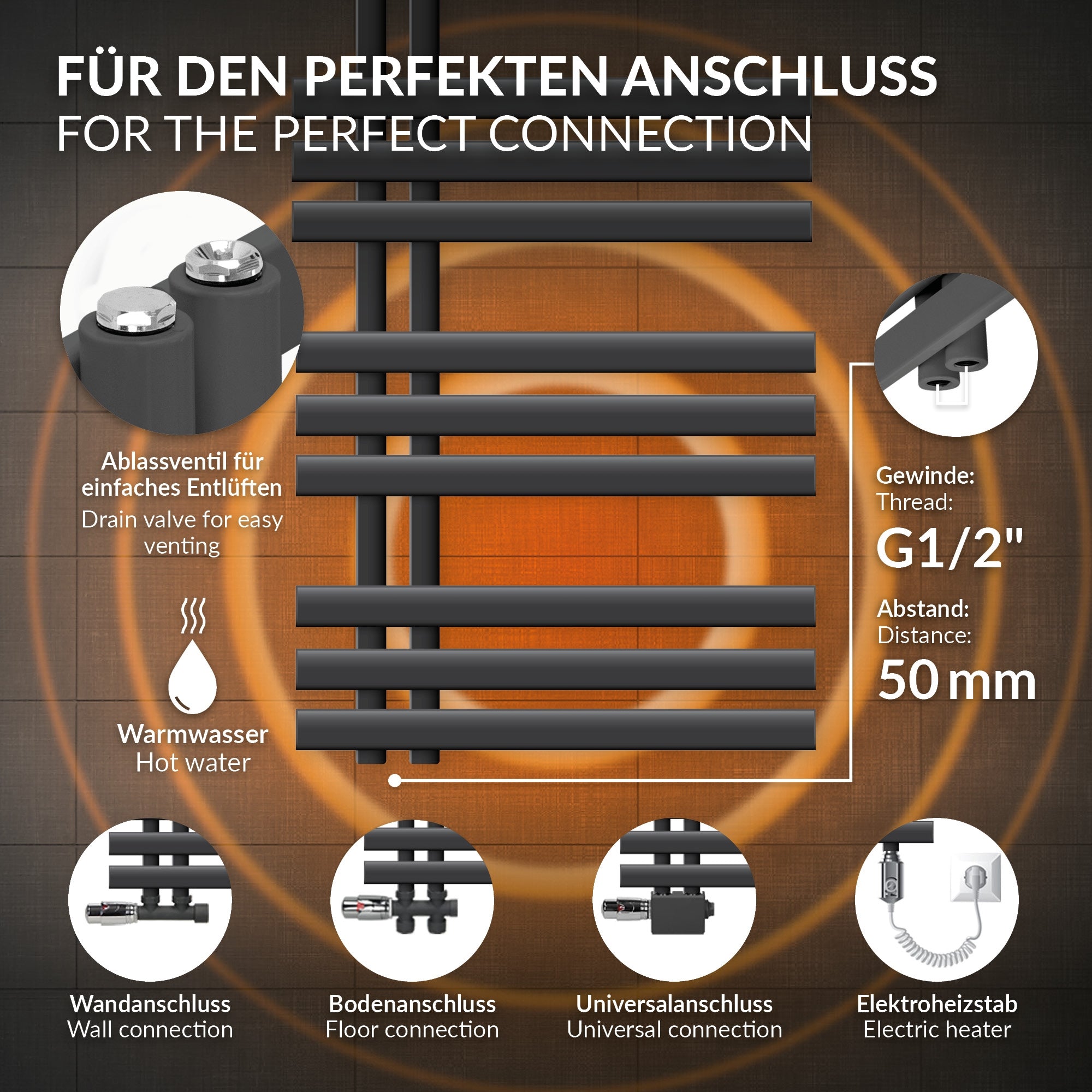 Anthrazitfarbener Heizkörper mit mehreren horizontalen Rohren.
