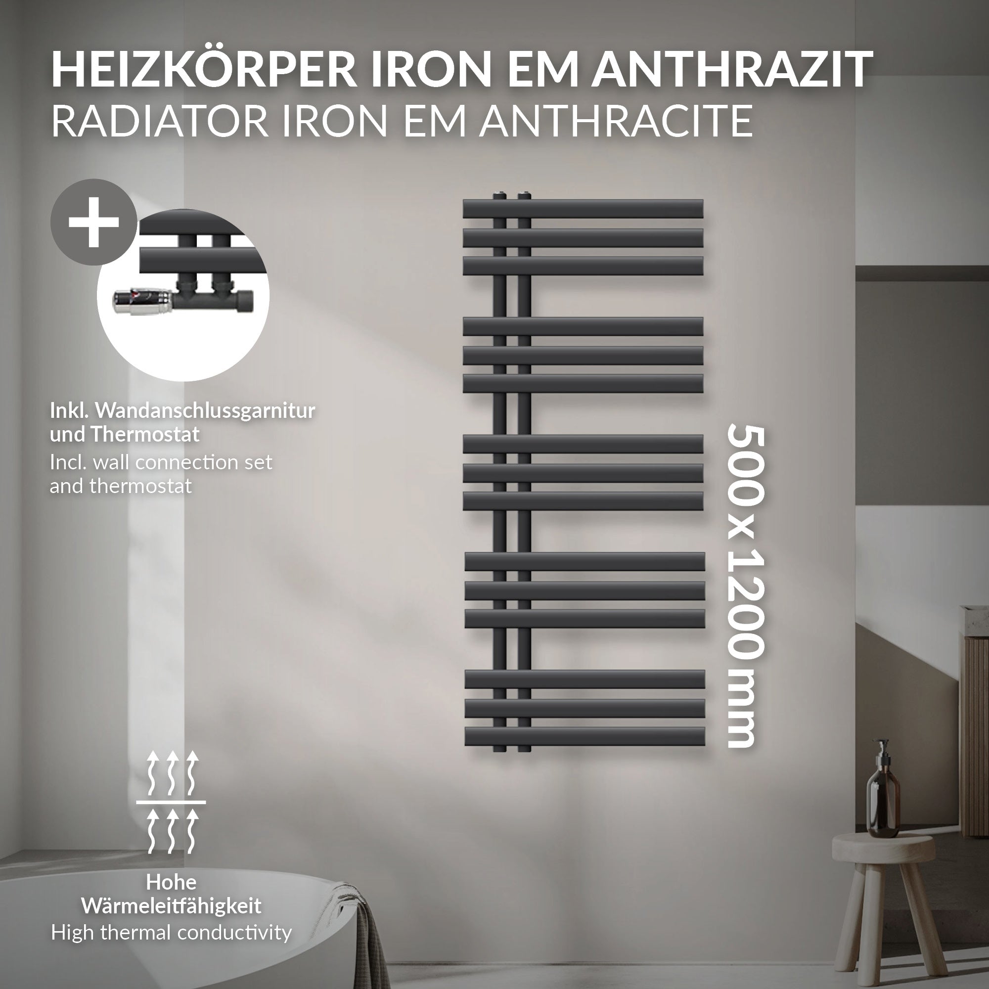 Anthrazitfarbener Handtuchheizkörper mit horizontalen Streben.