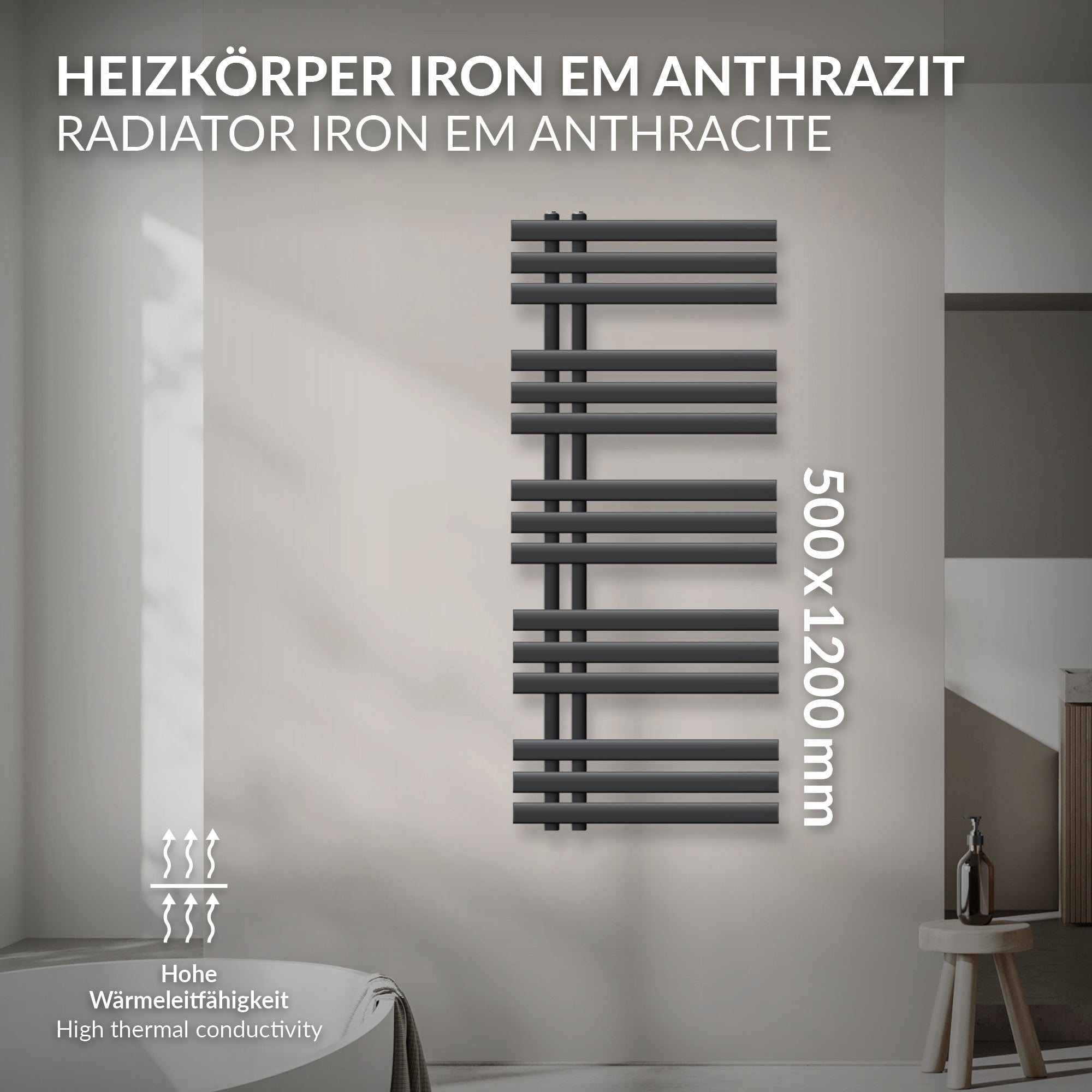 Ein anthrazitfarbener Heizkörper mit technischen Informationen und Abmessungen.