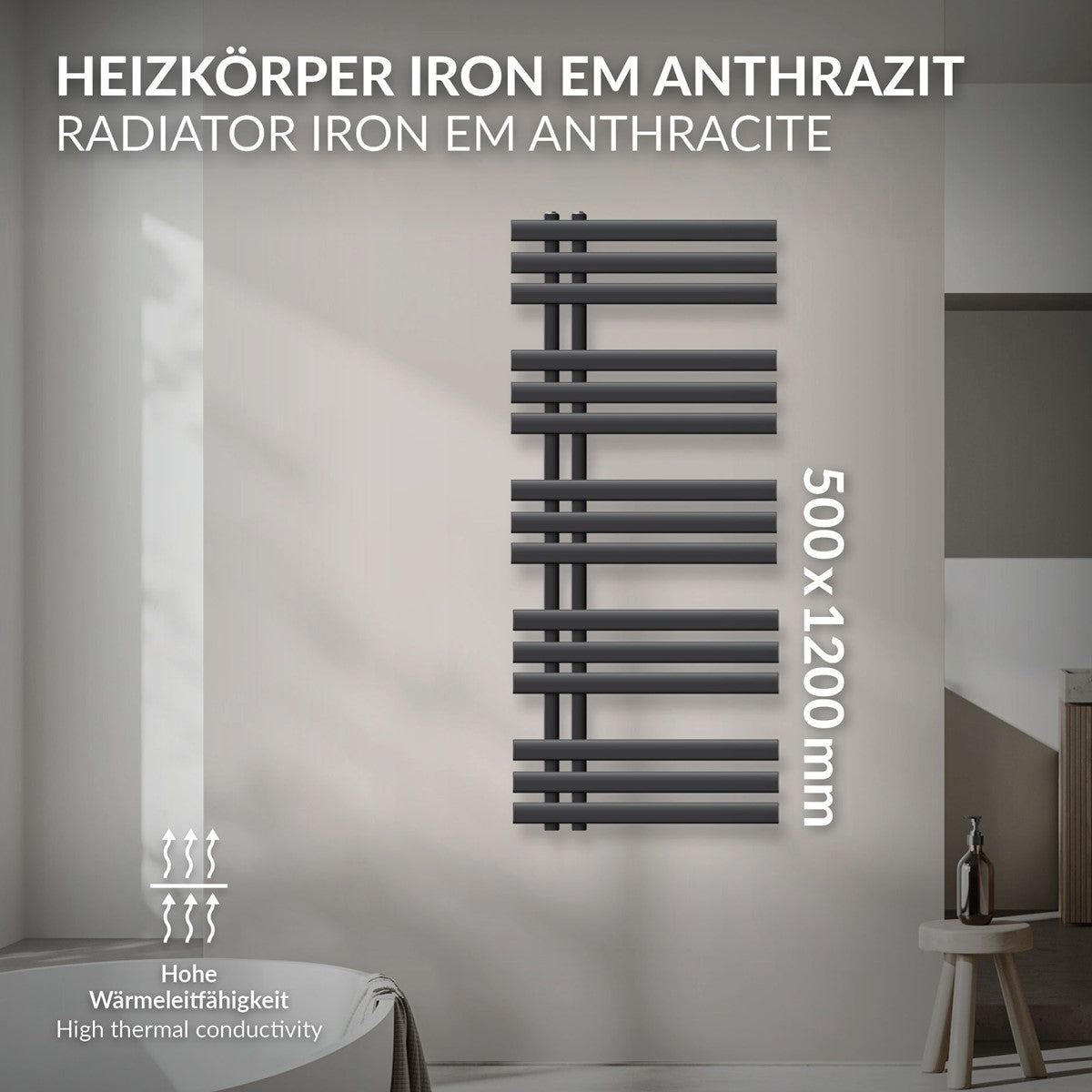 En antracitfarvet radiator med tekniske oplysninger og mål.