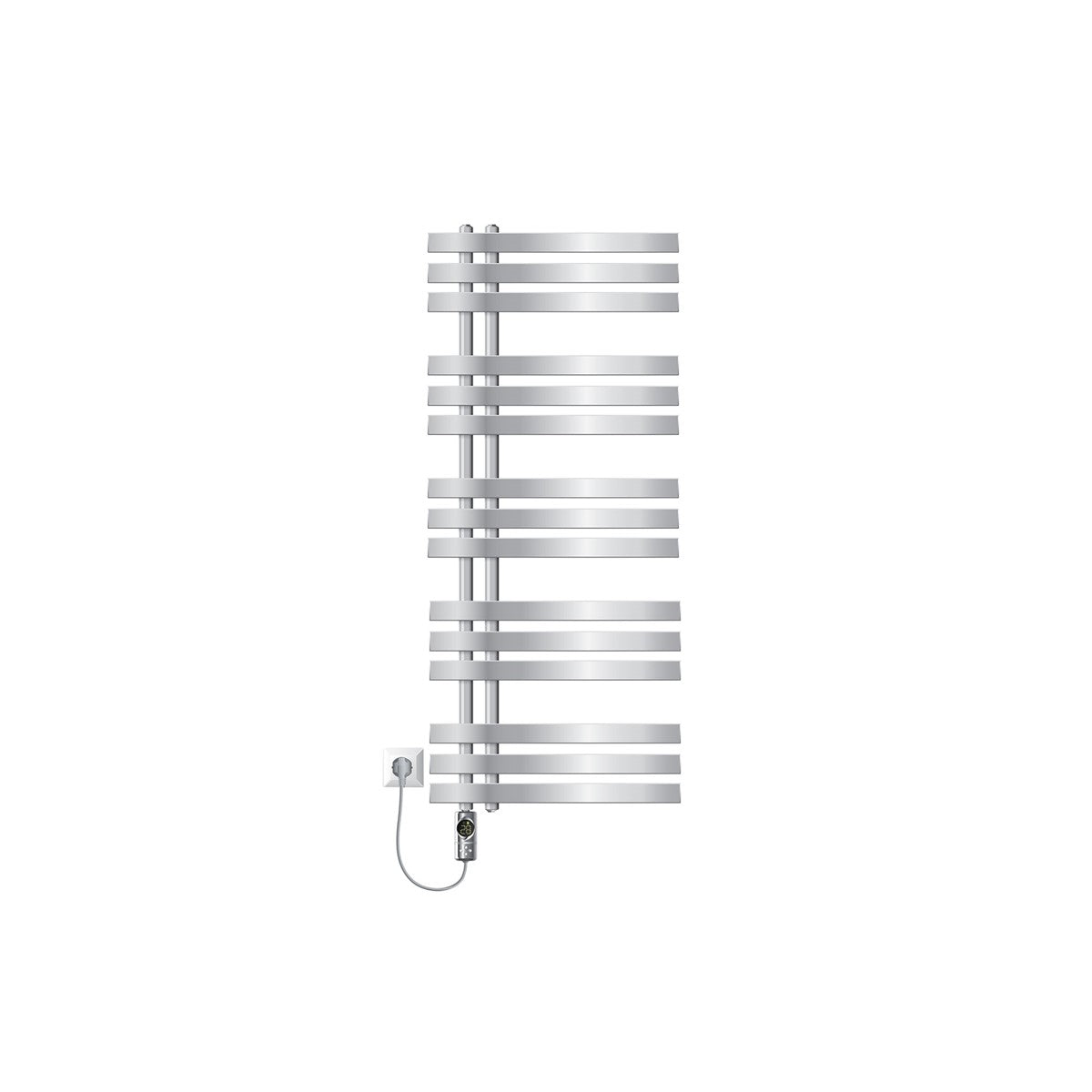 Kromfärgad radiator med elektrisk anslutning mot vit bakgrund.