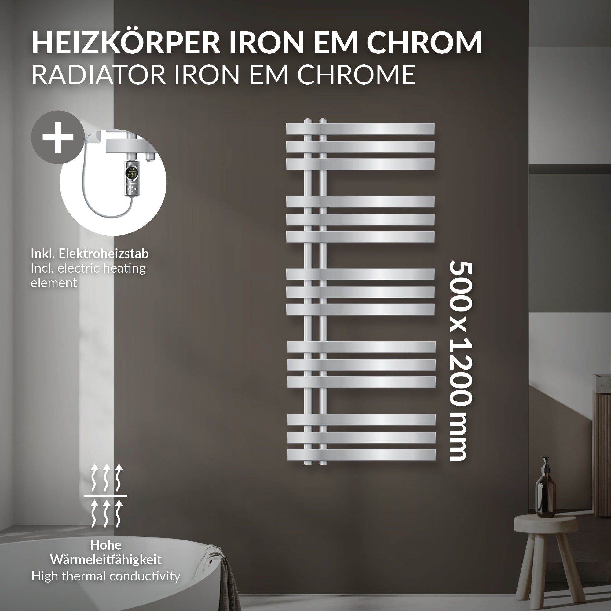 Radiator i krom med horisontale lameller, monteret lodret.