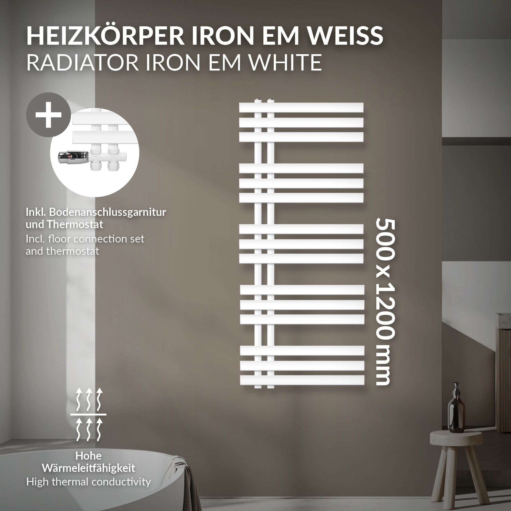 Fehér radiátor függőleges és vízszintes csíkokkal, méretek 500x1200 mm.