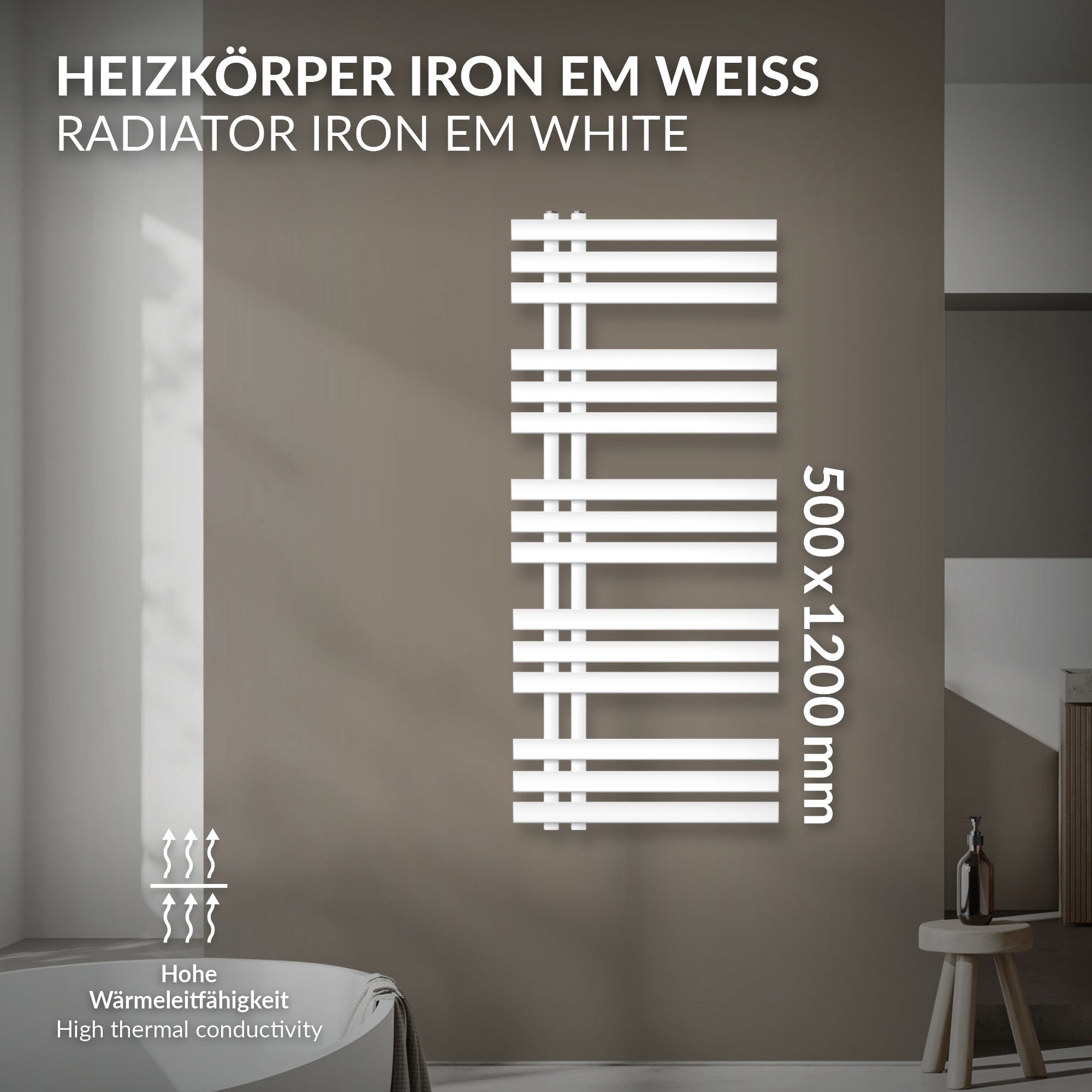 Hvid radiator med vertikale og horisontale striber, mål 500x1200 mm.