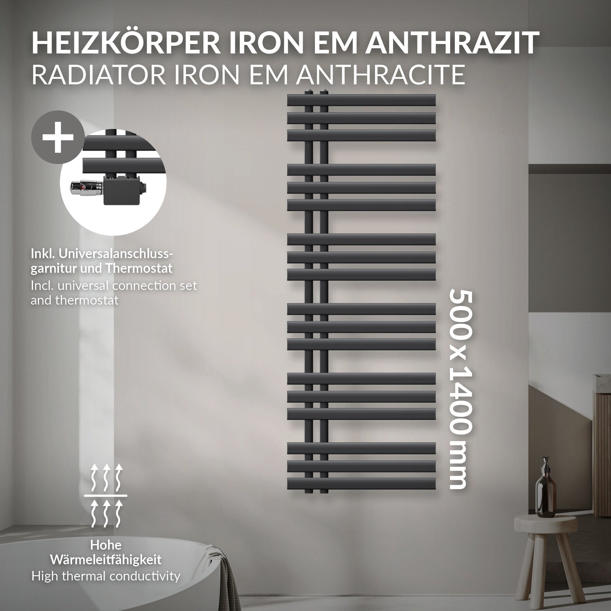 Radiator Iron EM antracit på en væg, 500x1400 mm.