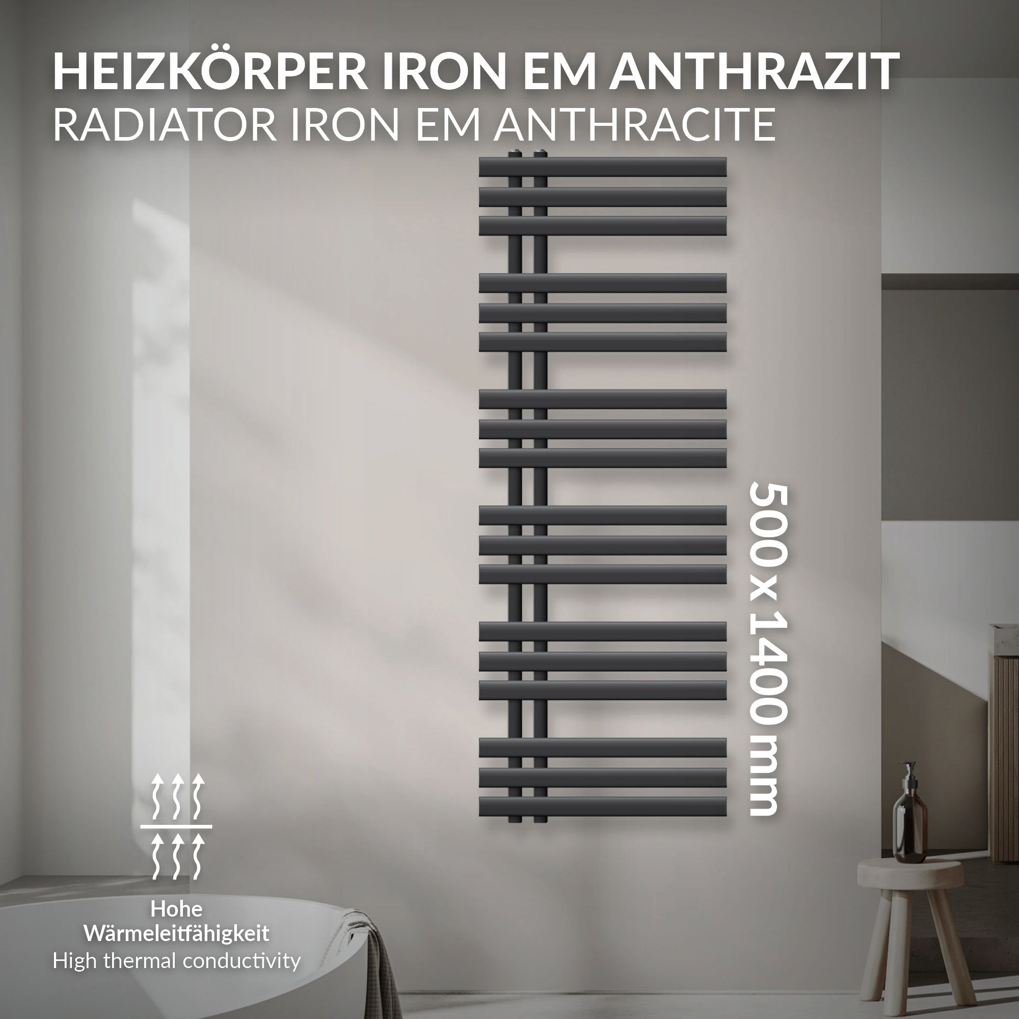 Radiateur anthracite, 500x1400 mm, monté sur un mur.