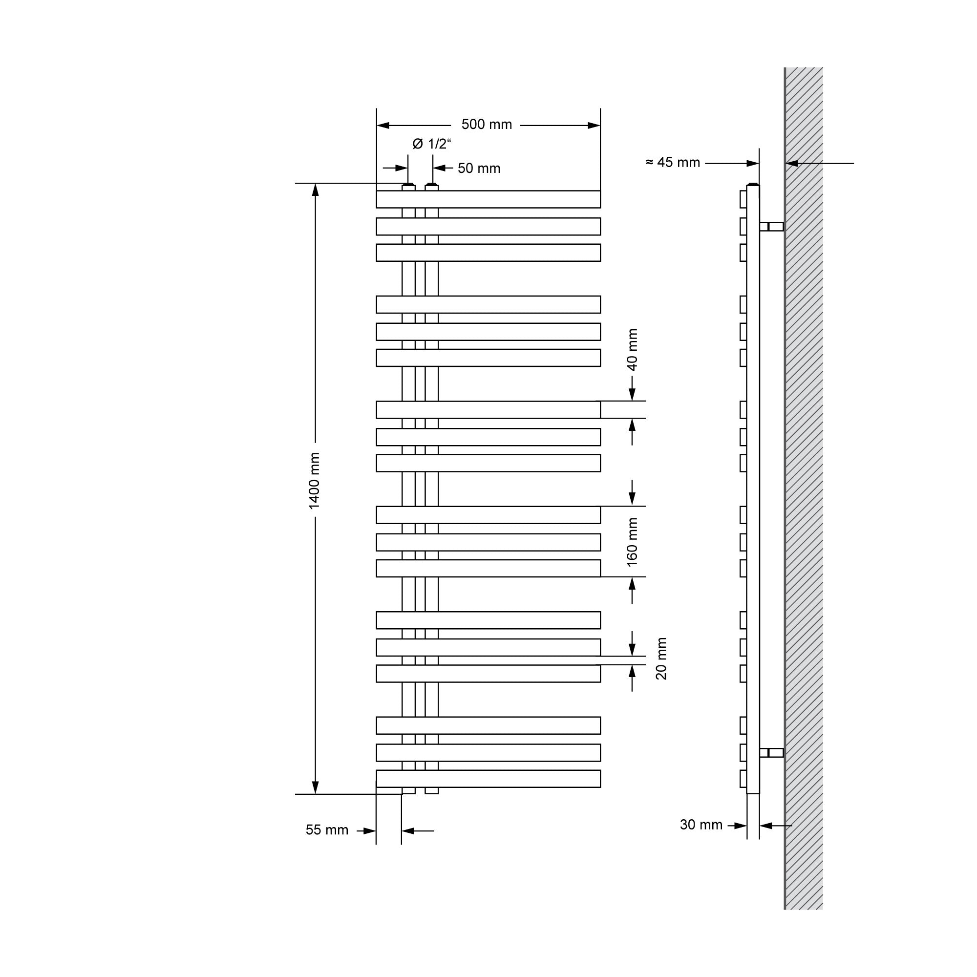 Technical drawing of a radiator with dimensions.