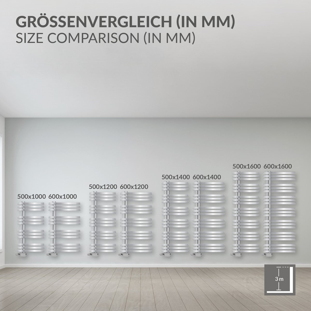 Chromfarbener Heizkörper mit mehreren horizontalen Röhren.
