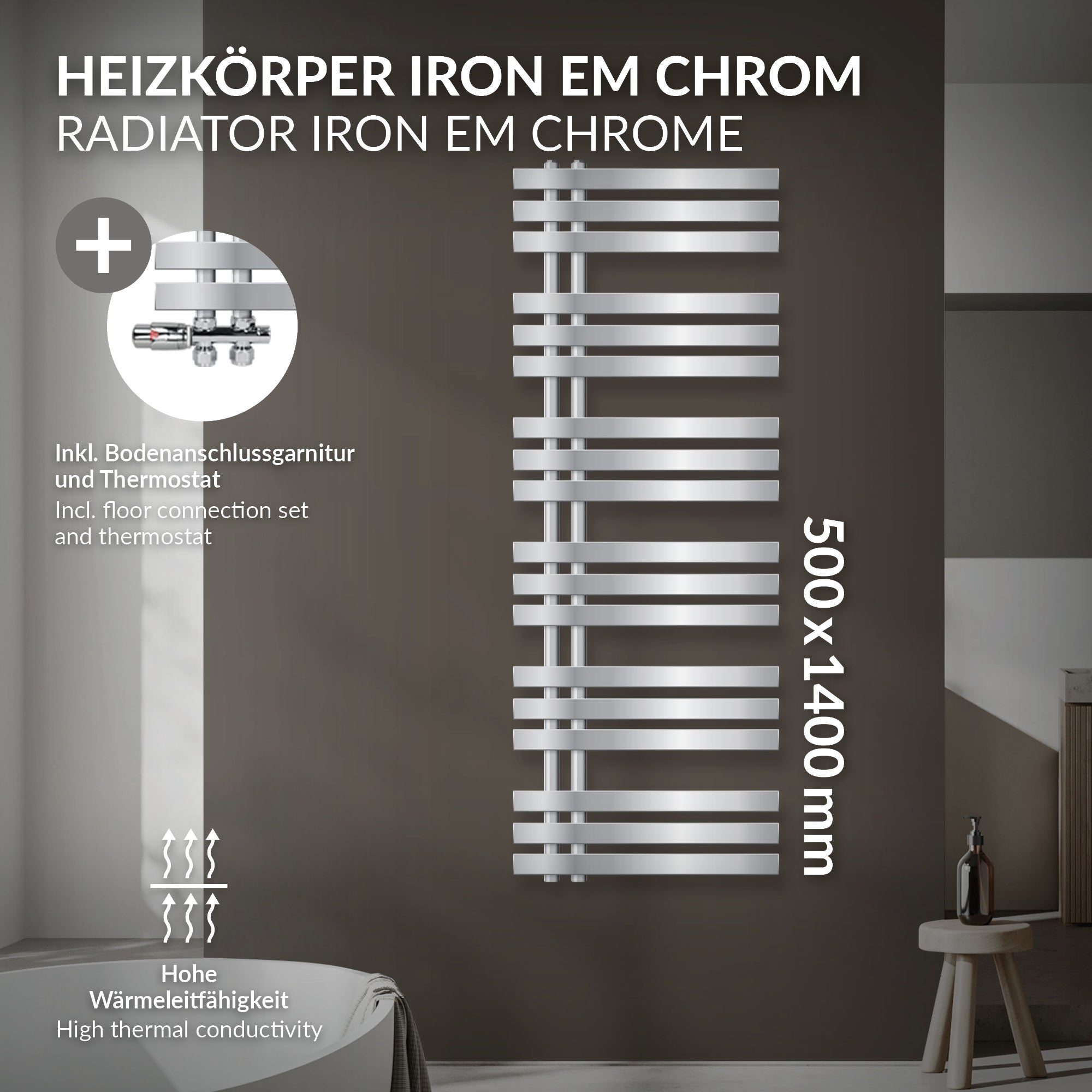 Chrome towel radiator with technical details and dimensions.