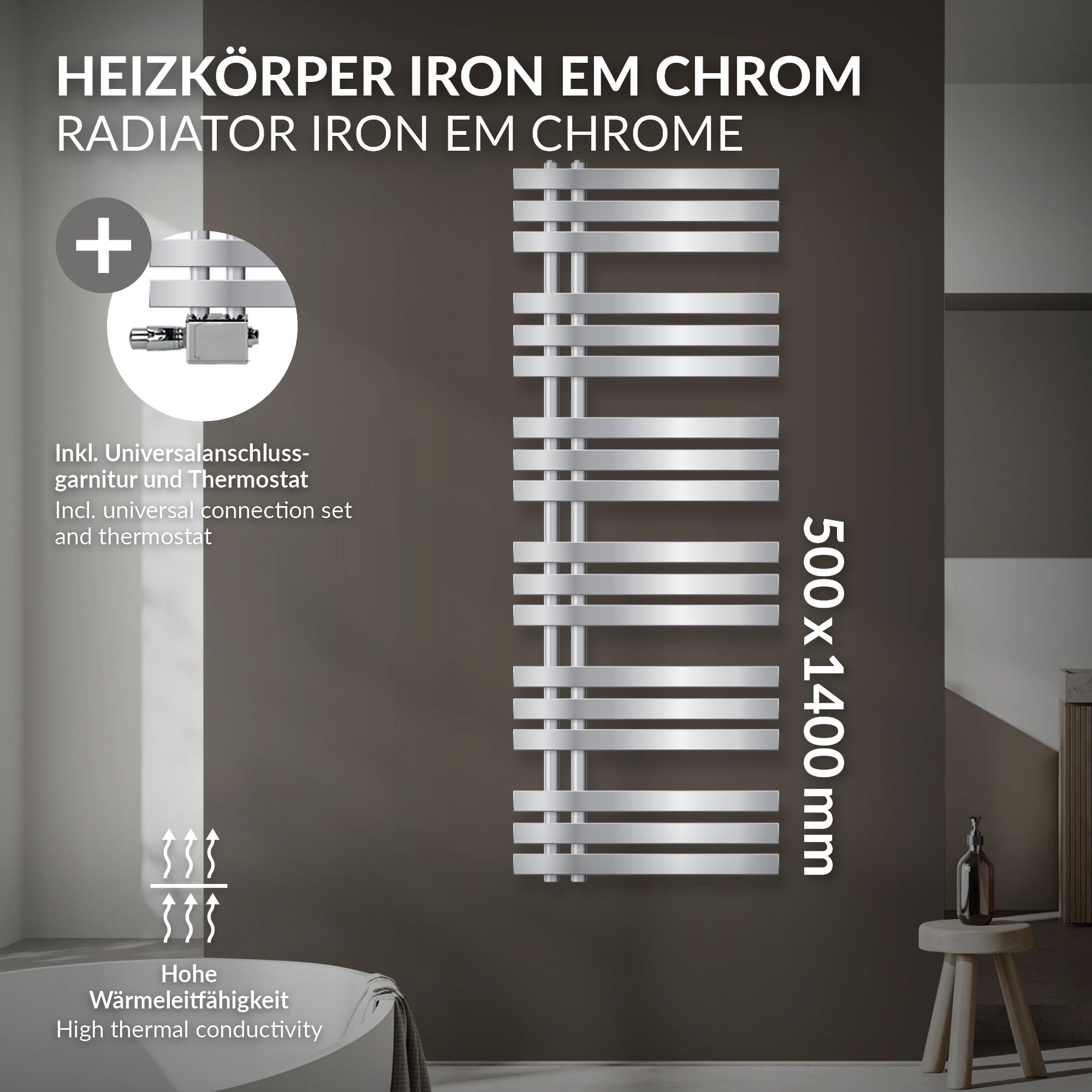 Radiador cromado, 500x1400 mm, con juego de conexión y termostato.