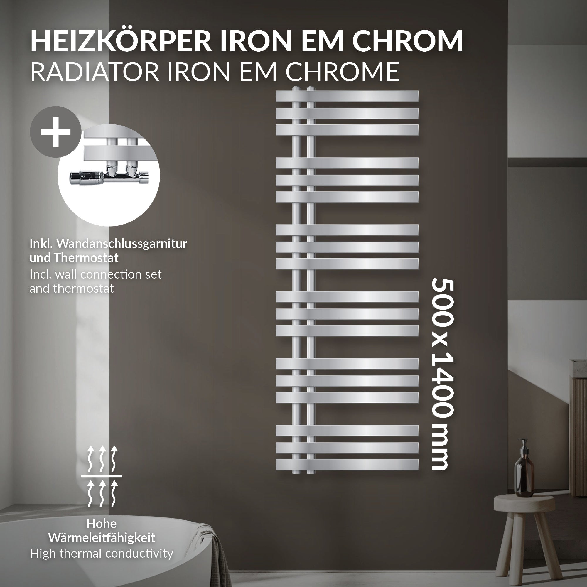 Chromfarbener Heizkörper mit technischen Informationen auf einem hellen Hintergrund.