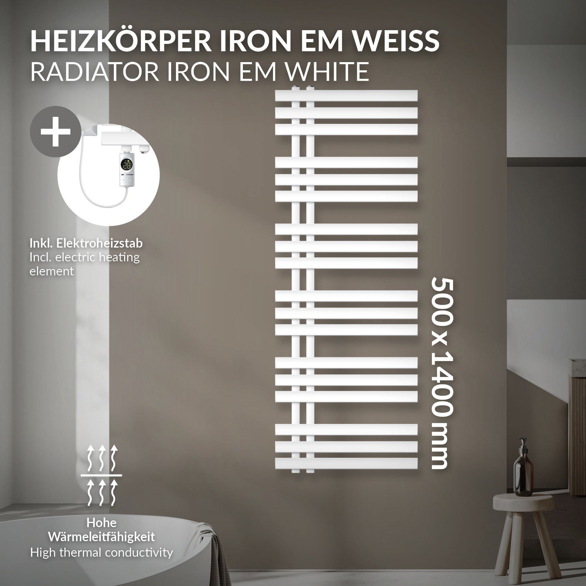 Valkoinen lämpöpatteri sähkövastuksella, mitat 500x1400 mm.
