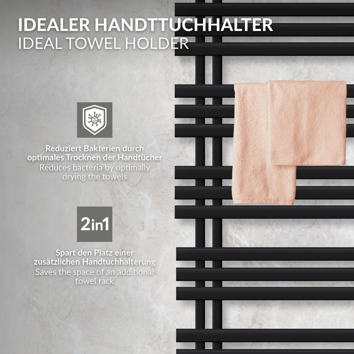 Radiateur noir avec porte-serviettes et informations techniques.