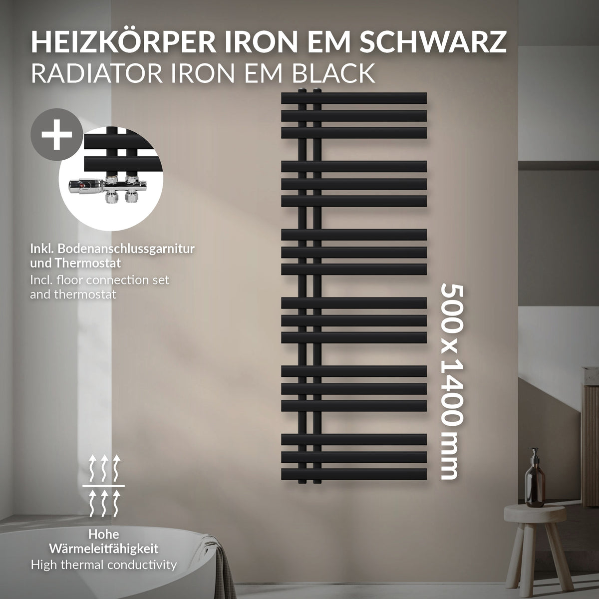 Schwarzer Heizkörper mit horizontalen und vertikalen Streben, Maße 500x1400 mm.