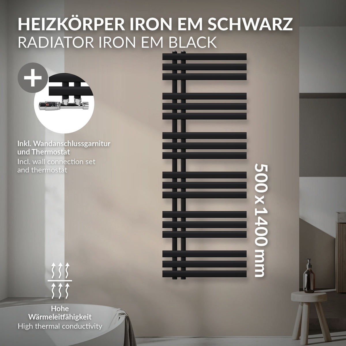 Schwarzer Heizkörper mit technischen Details und Abmessungen.