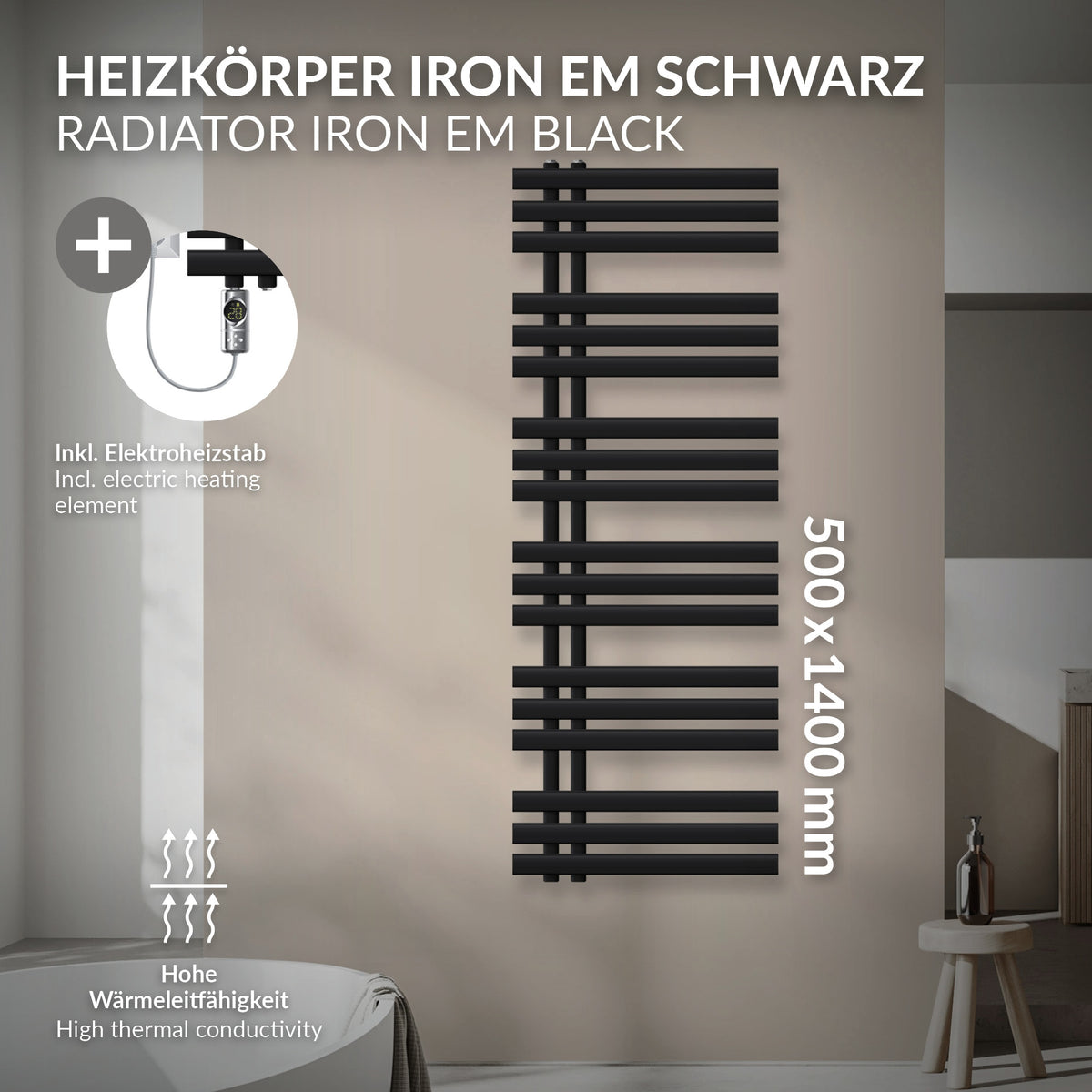 Schwarzer Heizkörper mit Elektroheizstab, Maße 500x1400 mm.