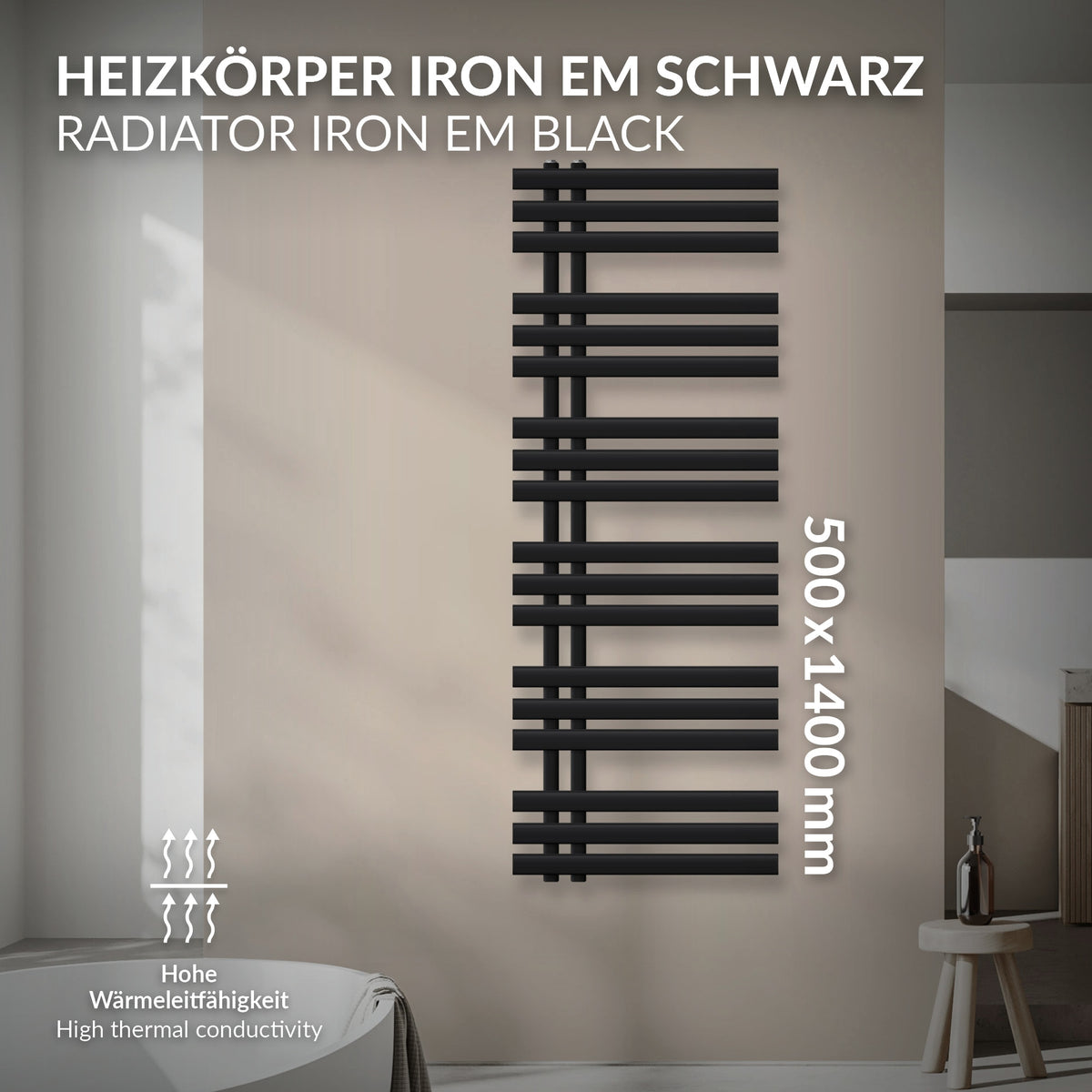 Schwarzer Heizkörper mit mehreren horizontalen Streben, Maße 500x1400 mm.